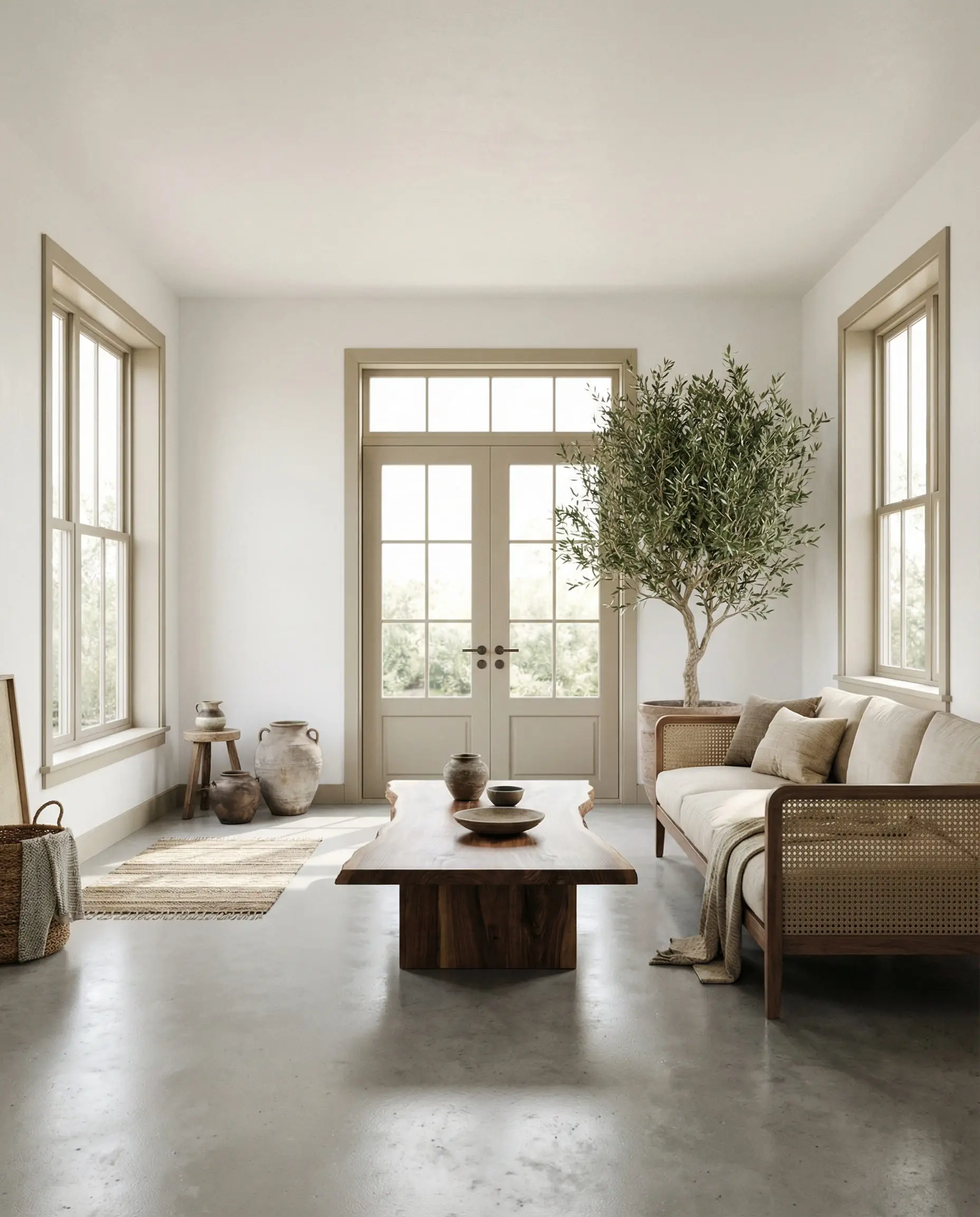 Open-plan organic modern living room with mushroom-colored trim, white walls, and walnut furniture.