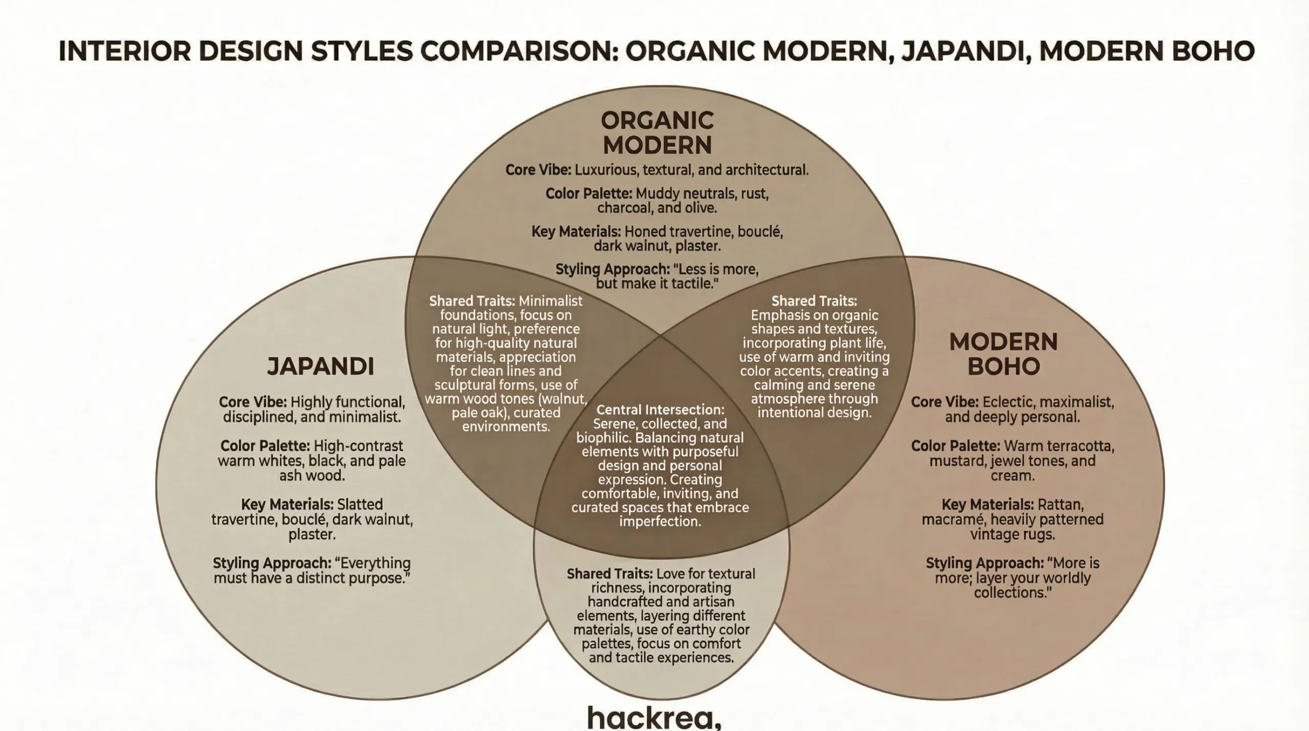 A minimalist Venn diagram infographic compares the overlapping traits and distinct features of organic modern, Japandi, and modern boho interior design styles.