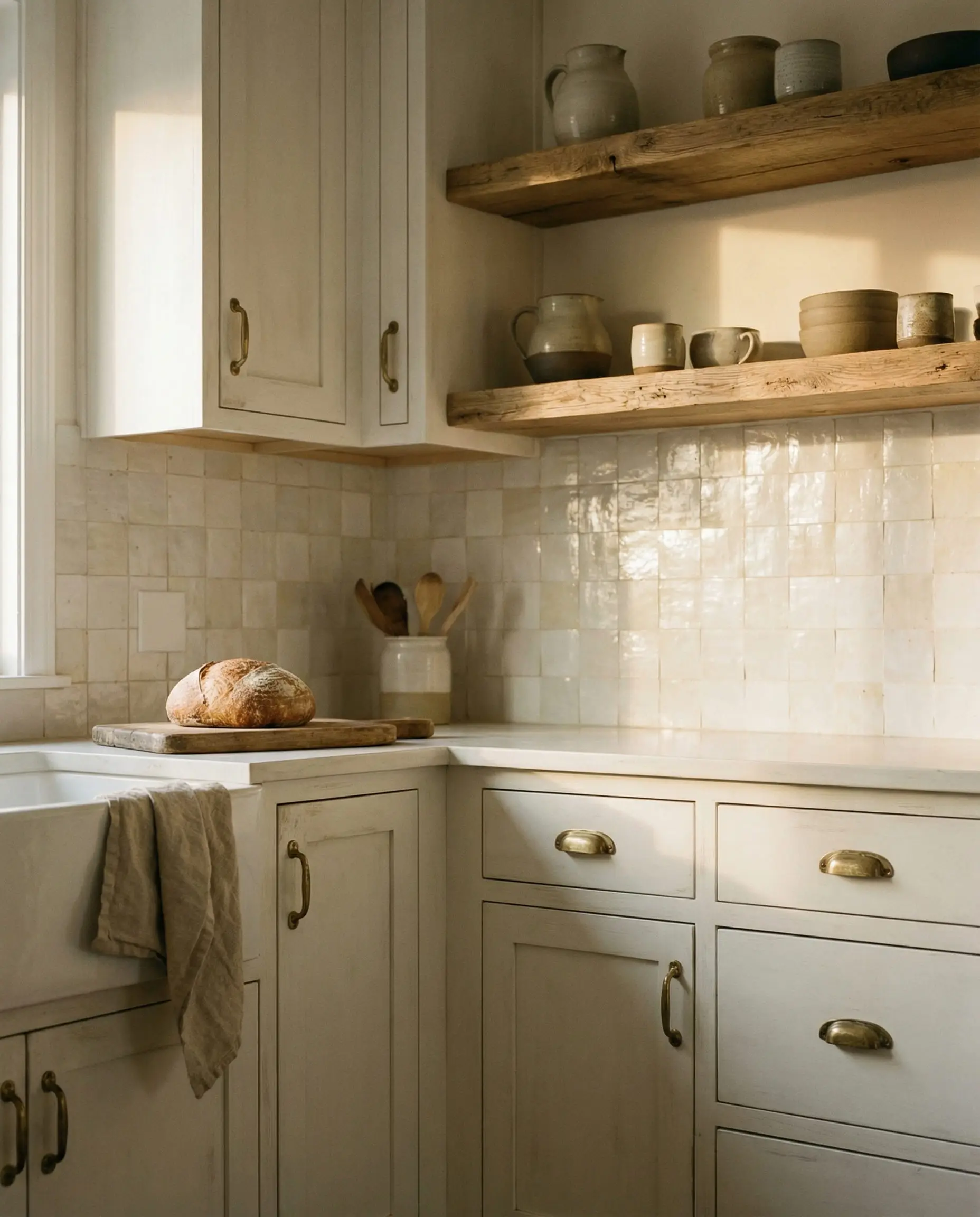 Organic modern kitchen with matte white cabinets, unlacquered brass hardware, and zellige tile backsplash.