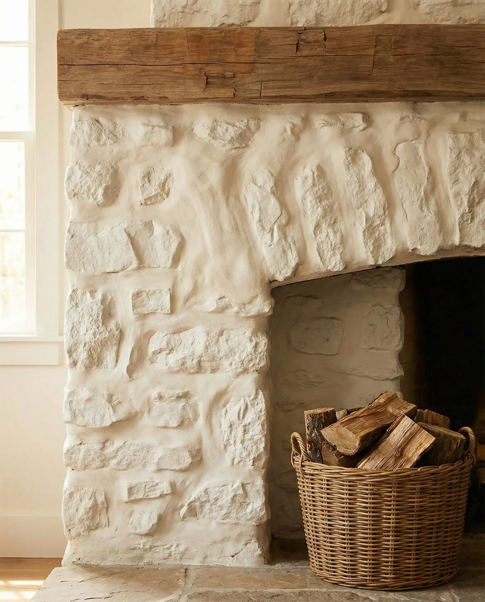 Detail of an over-grouted white stone fireplace where mortar is smoothed over the stones for an old-world farmhouse look.