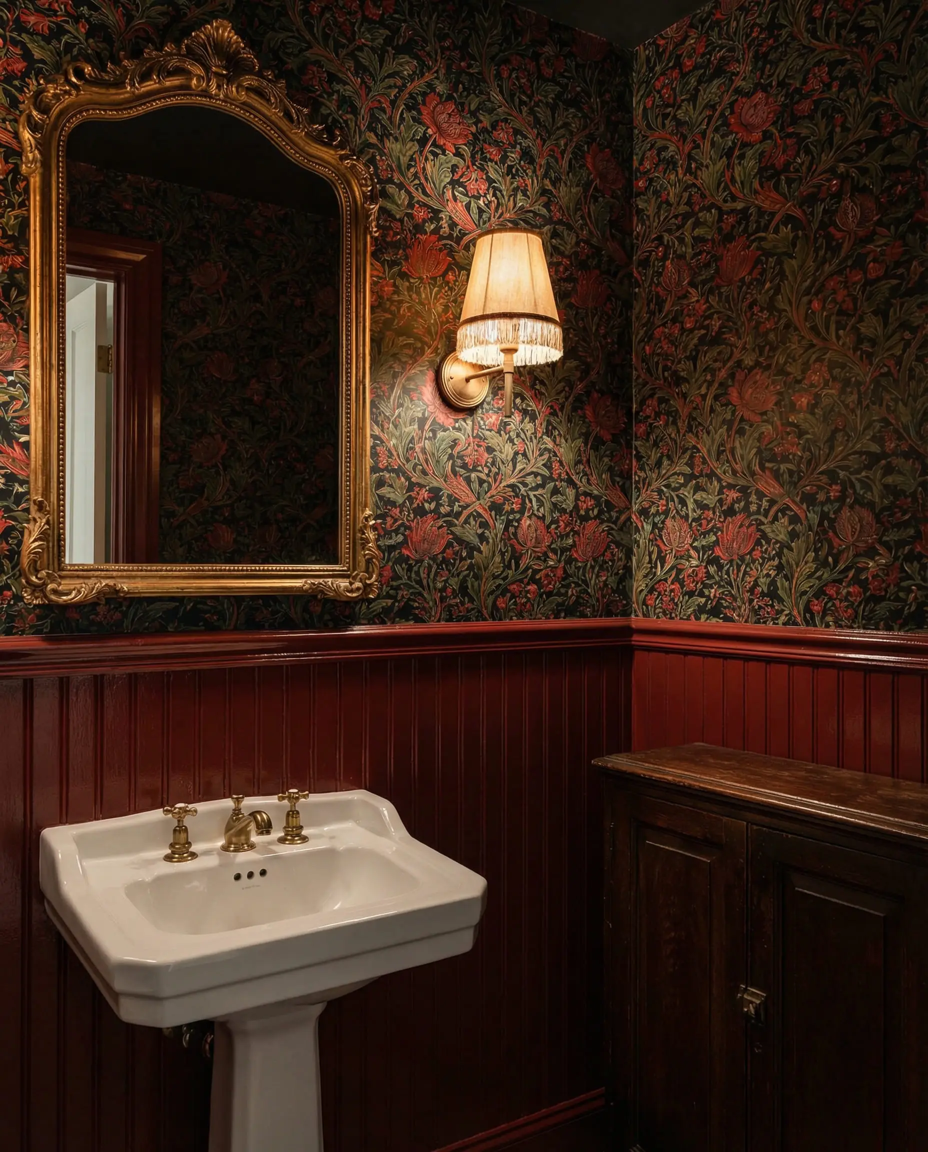 Powder room with glossy oxblood red wainscoting and William Morris botanical wallpaper.