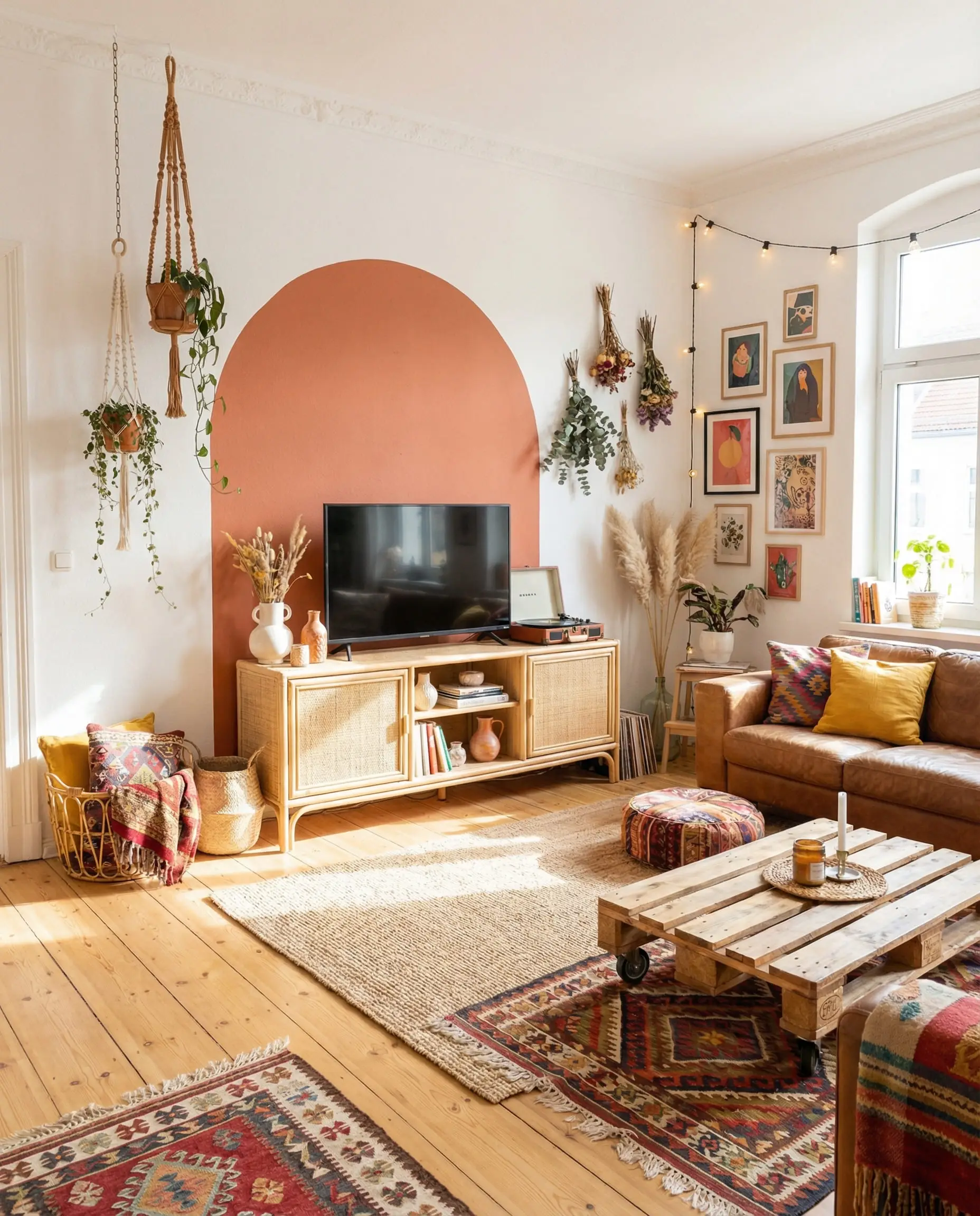 Boho living room with a terracotta orange painted arch framing the TV and rattan console.