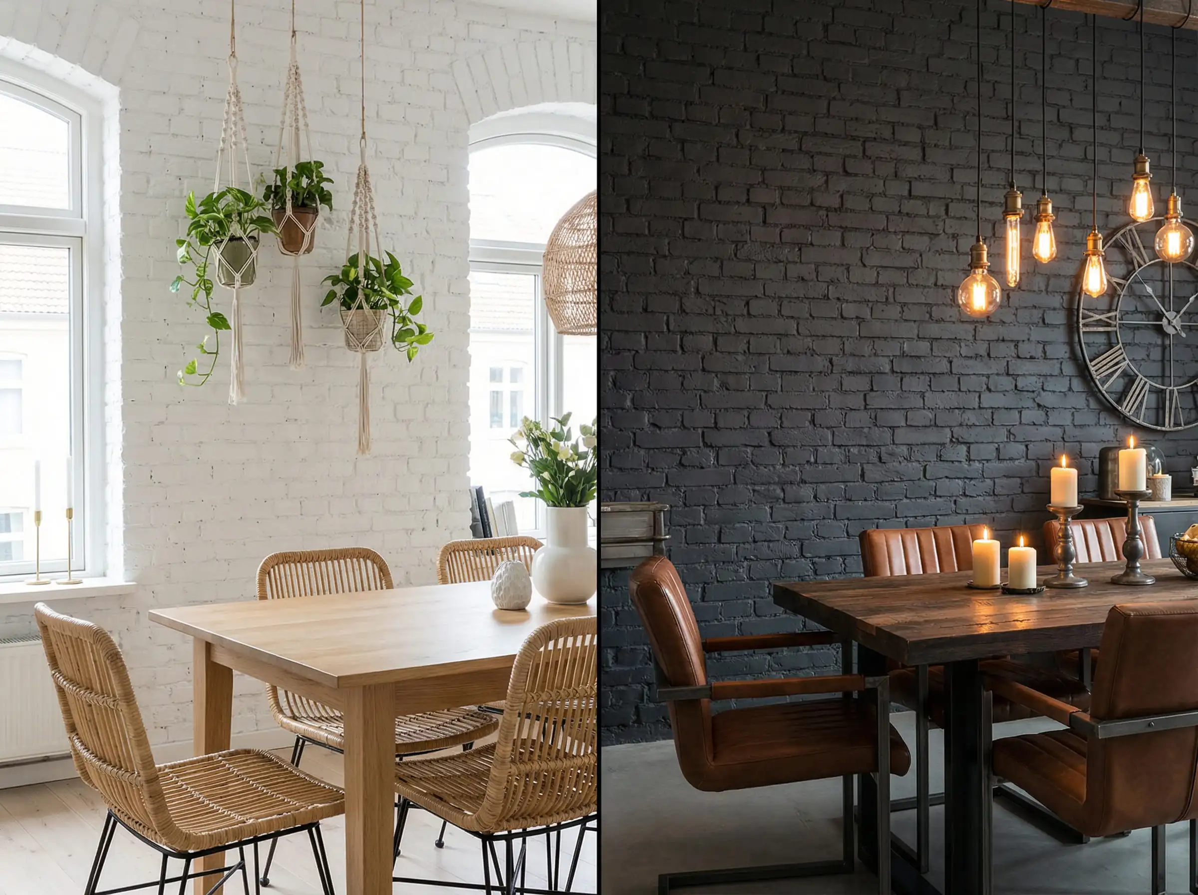 Split screen comparison of a white painted brick wall in a boho dining room versus a charcoal painted brick wall in an industrial dining room.