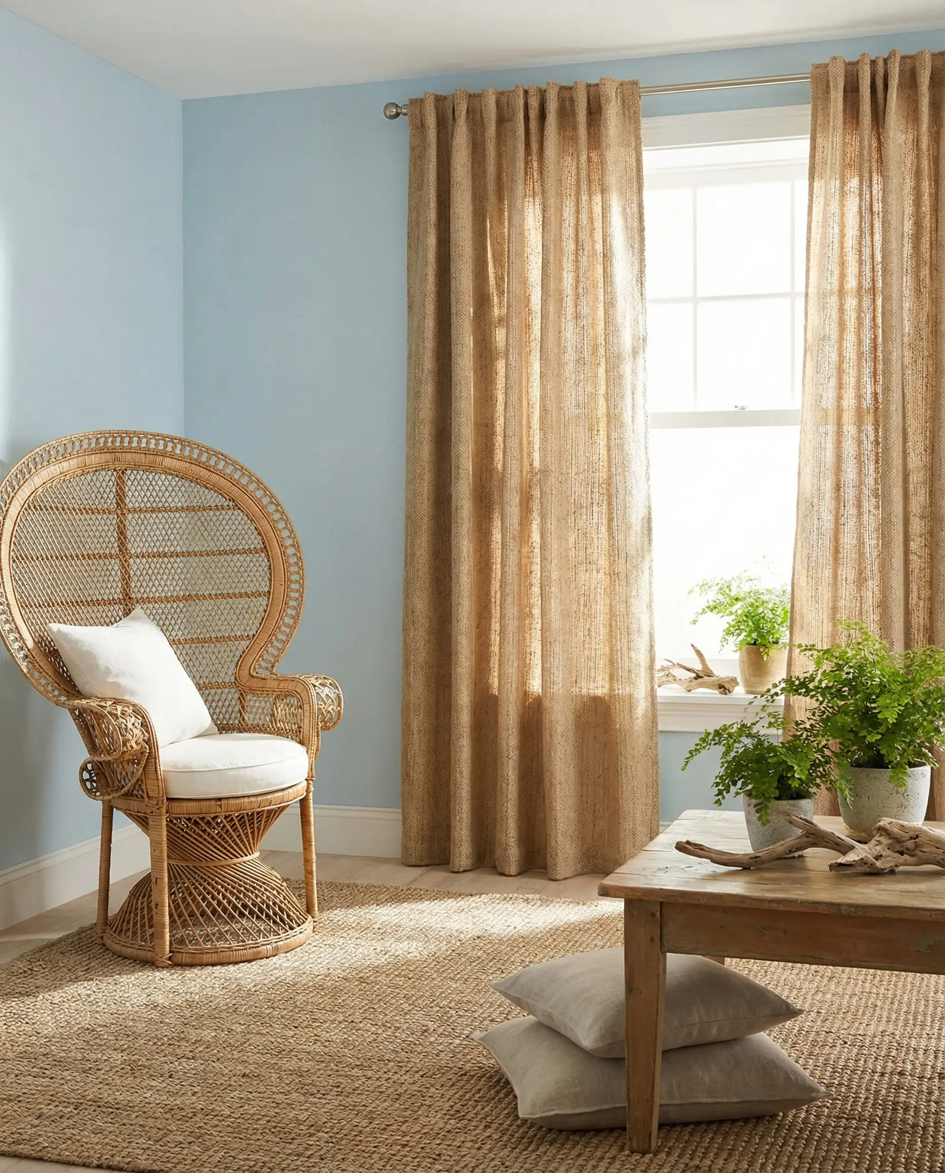 Organic modern living room with pastel blue walls and textured sand-colored jute curtains.