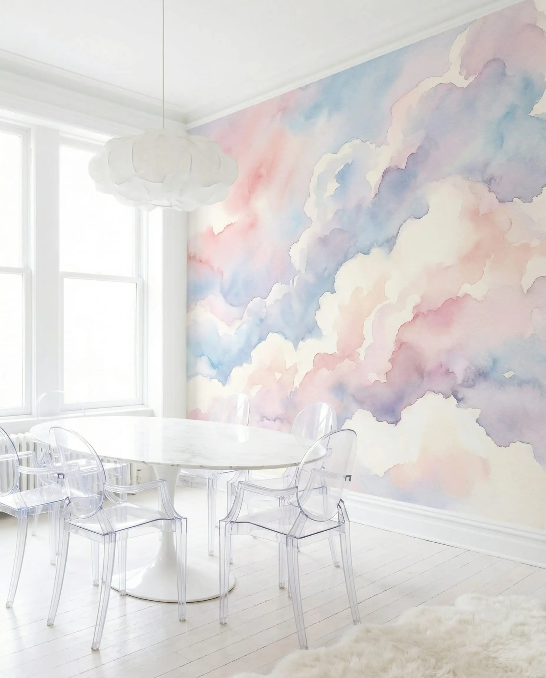 Contemporary dining space with a soft pastel pink and blue watercolor cloud mural and modern white tulip table.