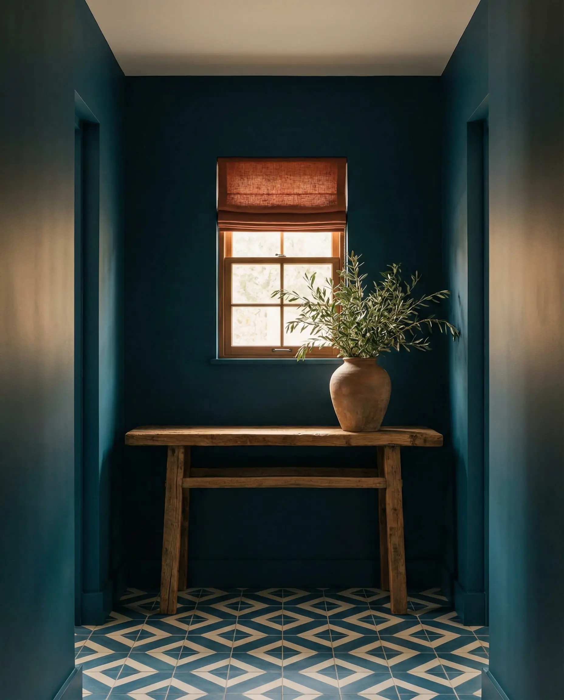 Elegant entryway with peacock blue walls and terracotta linen roman shades.