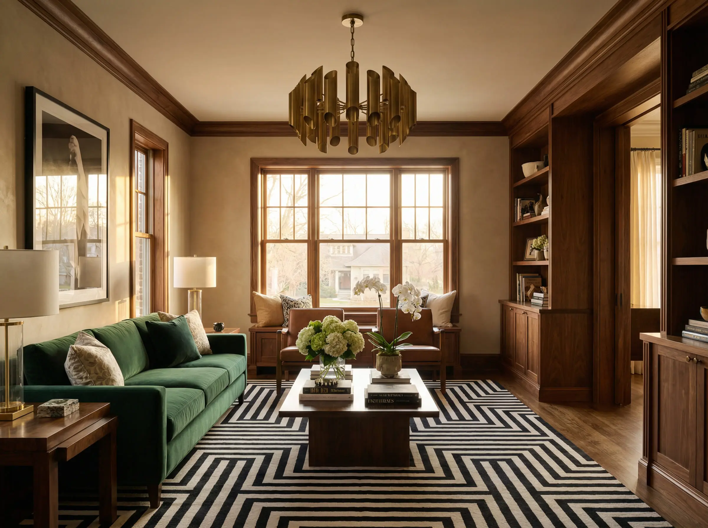 Wide architectural shot of a fully styled 2026 Art Deco living room with mushroom walls, green velvet sofa, and brass accents.