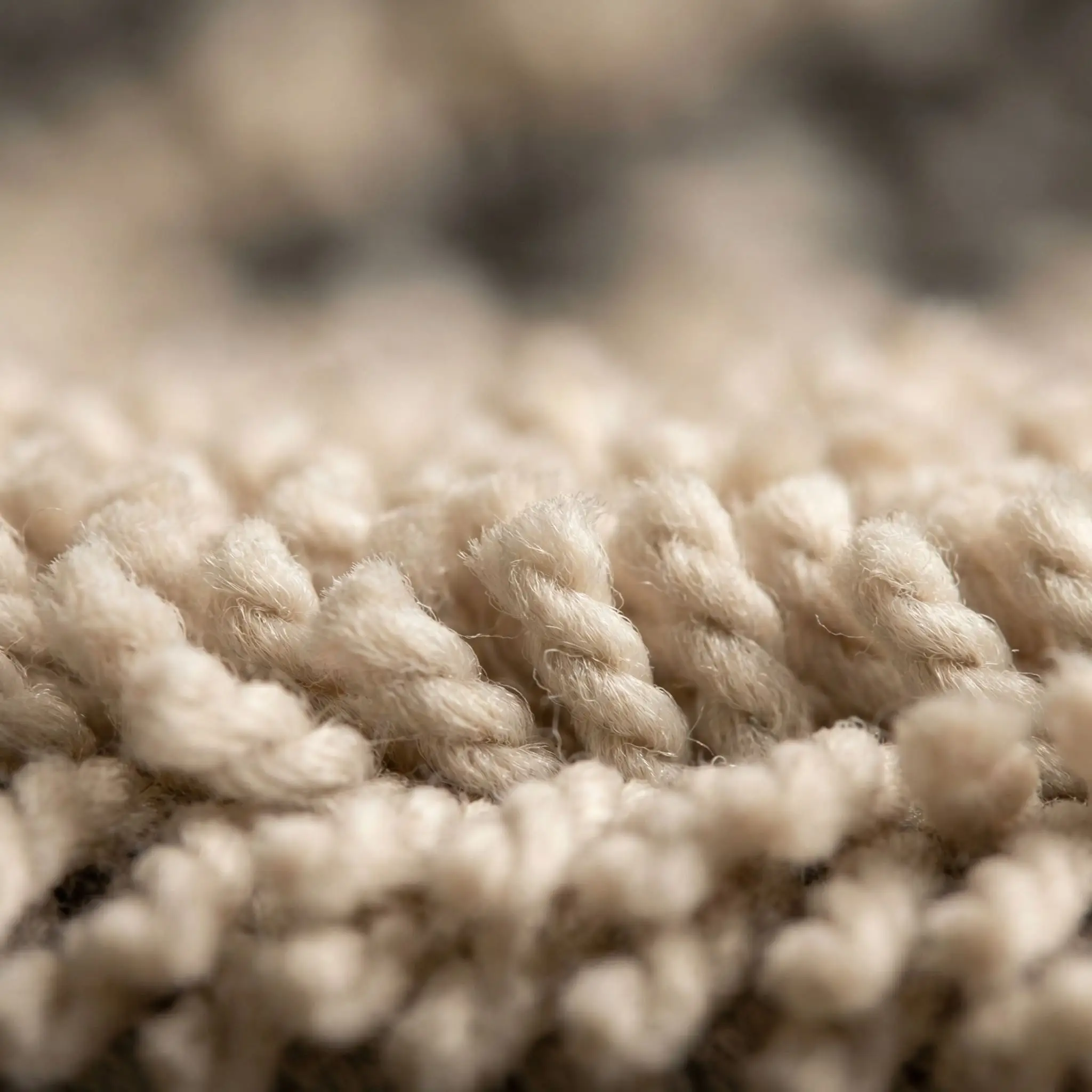 Extreme close-up of soft, cotton-like recycled PET yarn fibers in a durable light colored rug designed for busy homes.