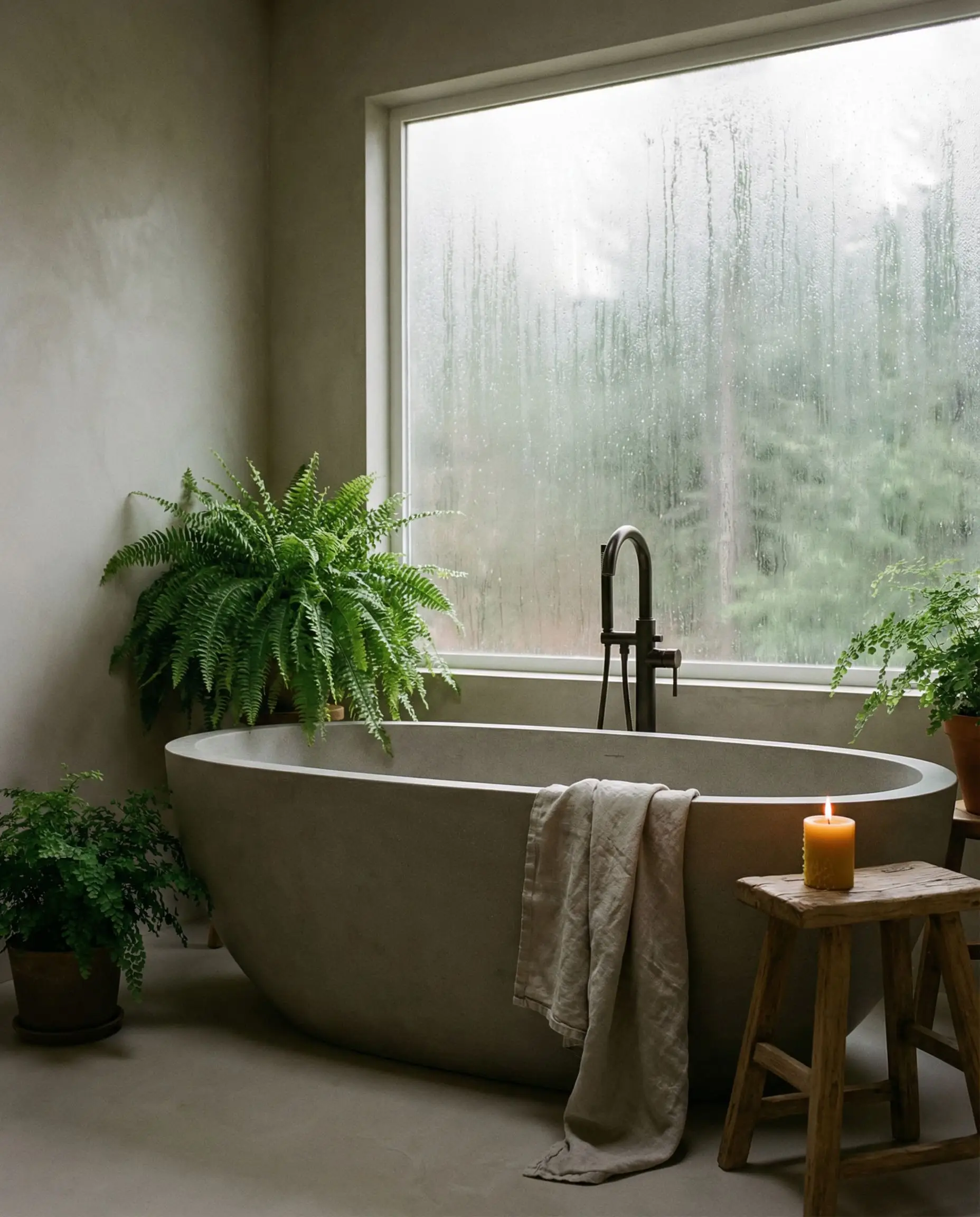 A freestanding matte stone soaking tub sits near a frosted window, surrounded by seamless microcement walls and potted ferns for a serene bathroom space.