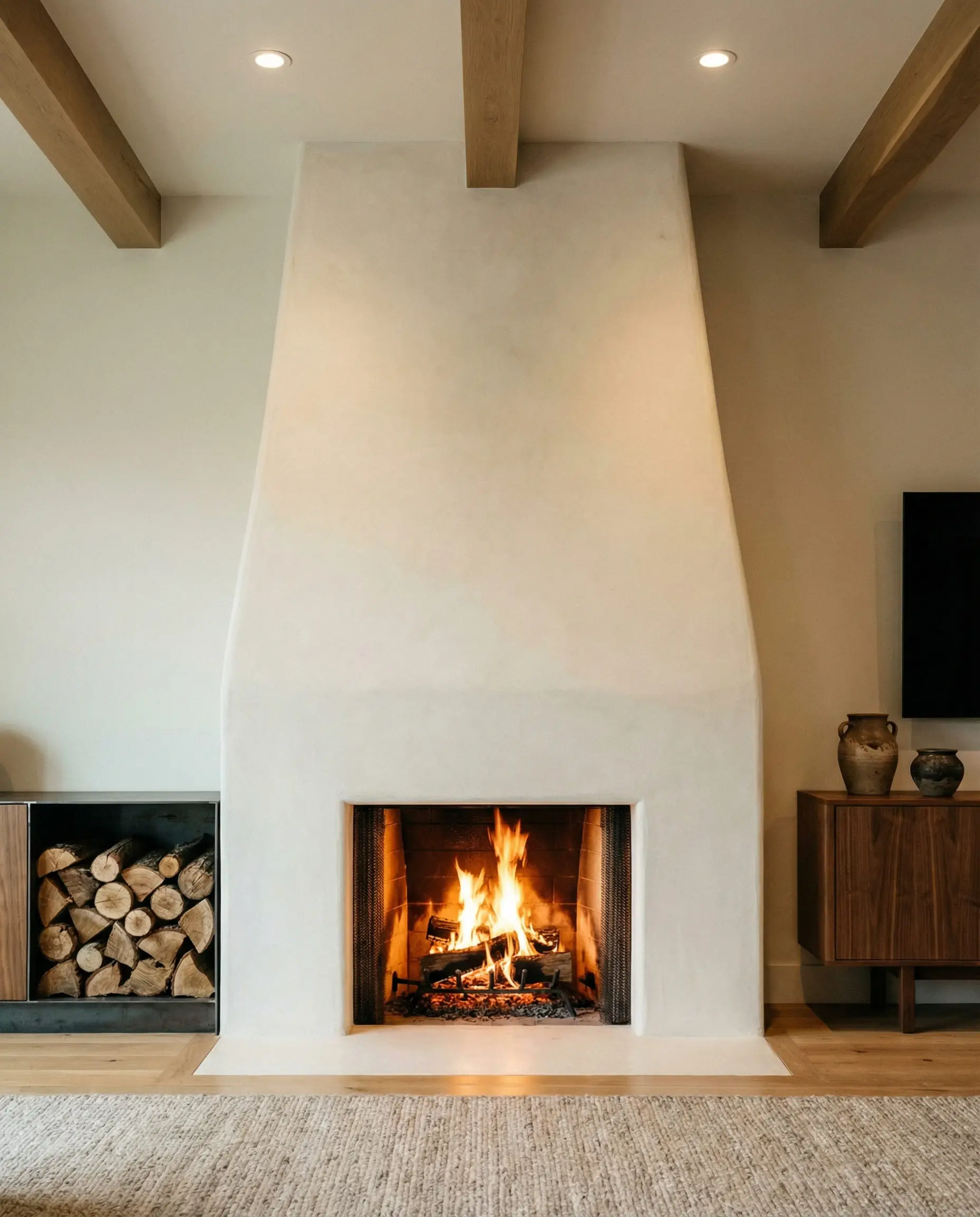 Floor-to-ceiling smooth plaster fireplace with no mantle in a modern living room.