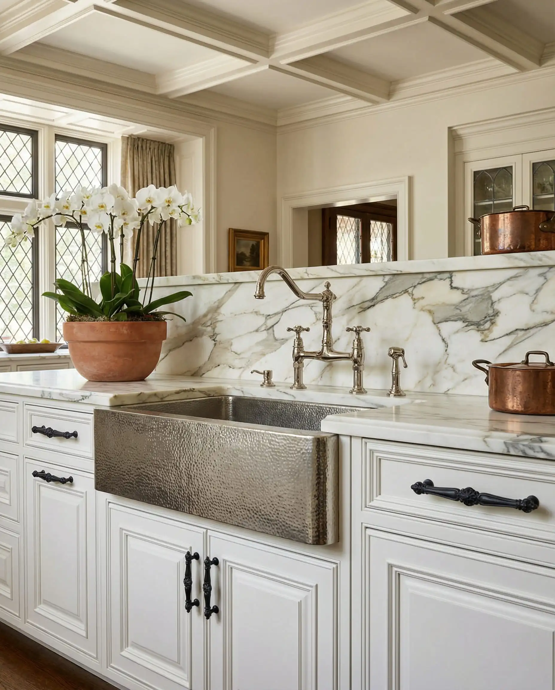 Luxurious sink setup with a polished nickel bridge faucet paired with ornate matte black cabinet handles.