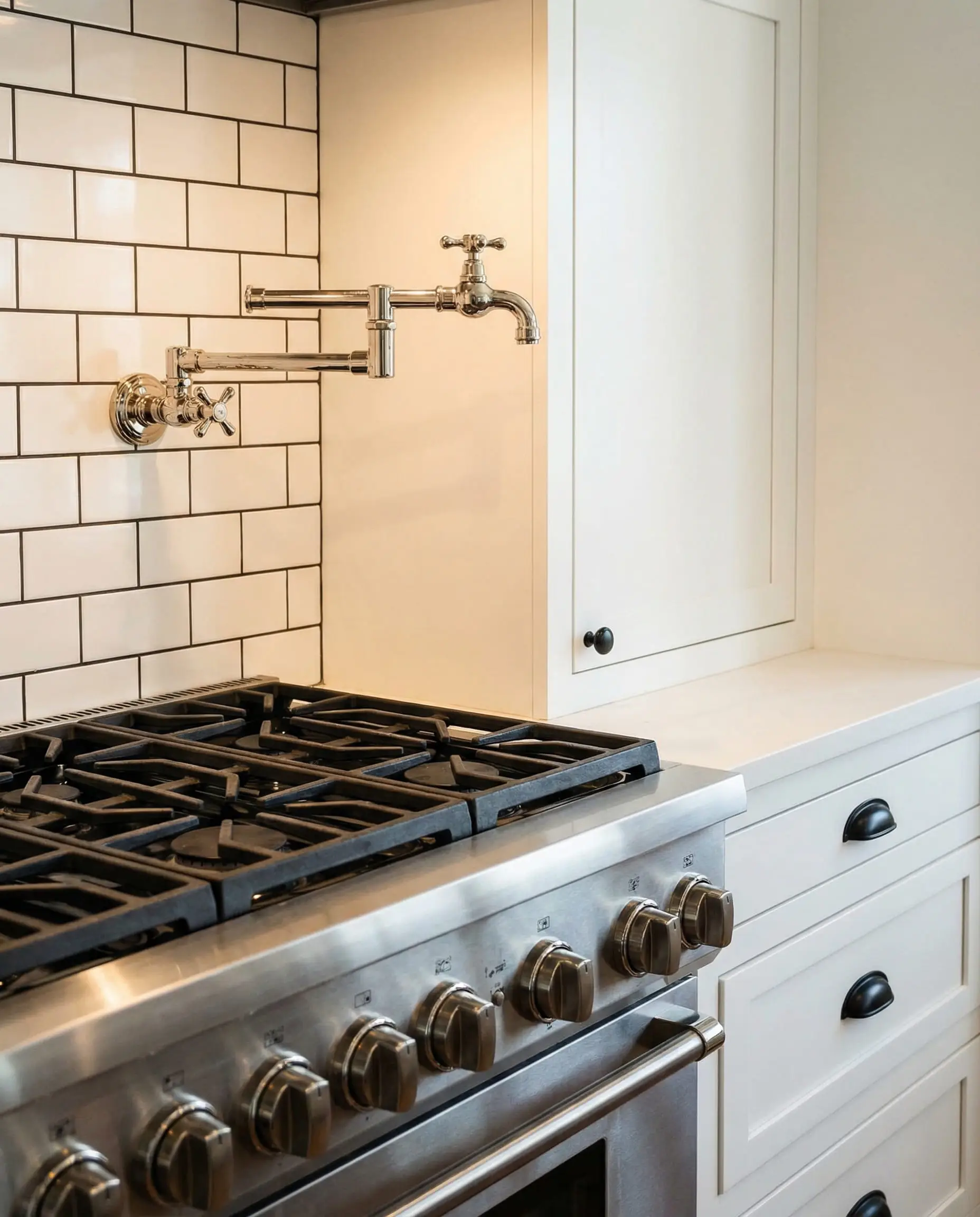 Detail of a polished nickel pot filler faucet over a range, contrasted with black cabinet hardware.