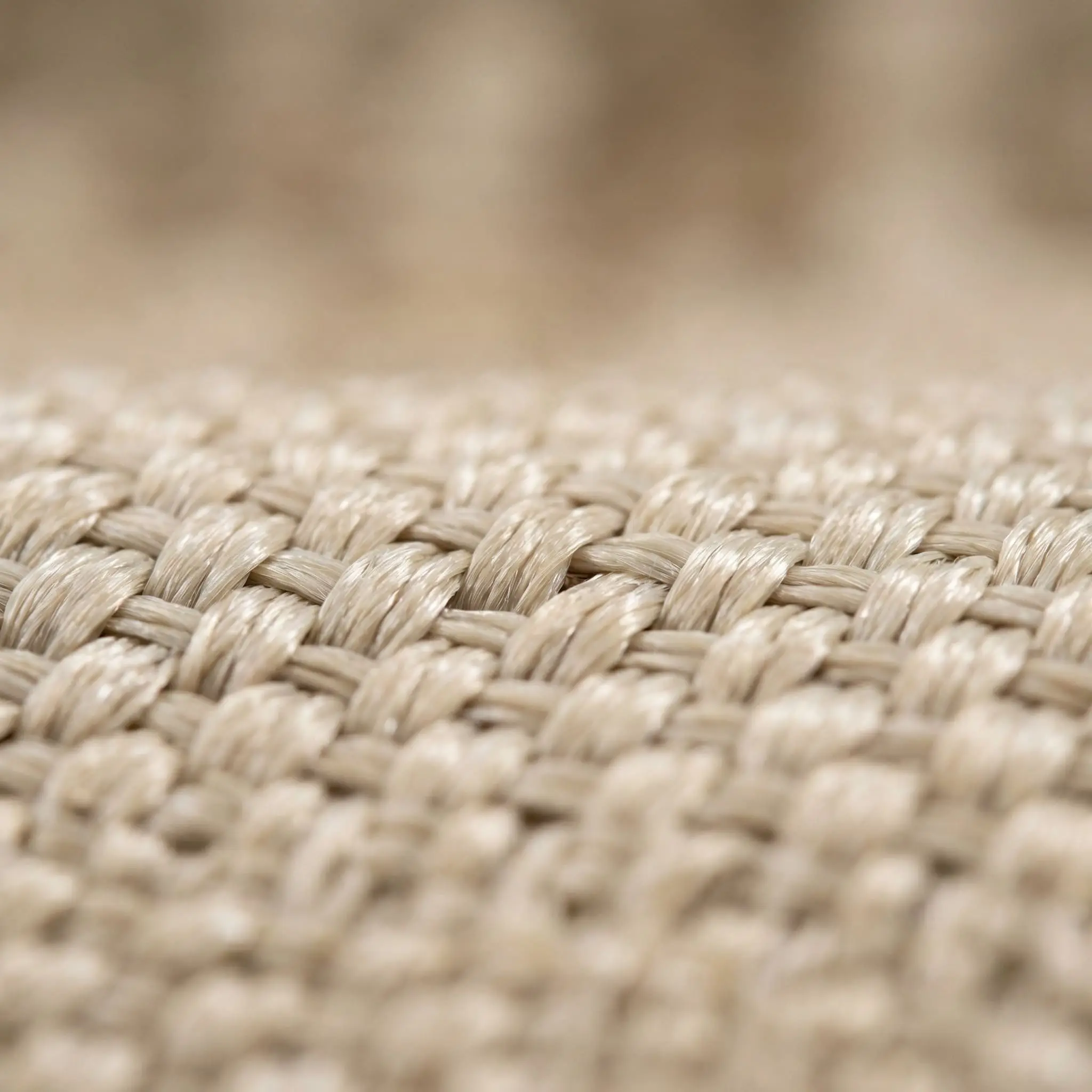 Macro view of tightly packed, highly resilient synthetic polypropylene fibers on a flat high-traffic area rug.