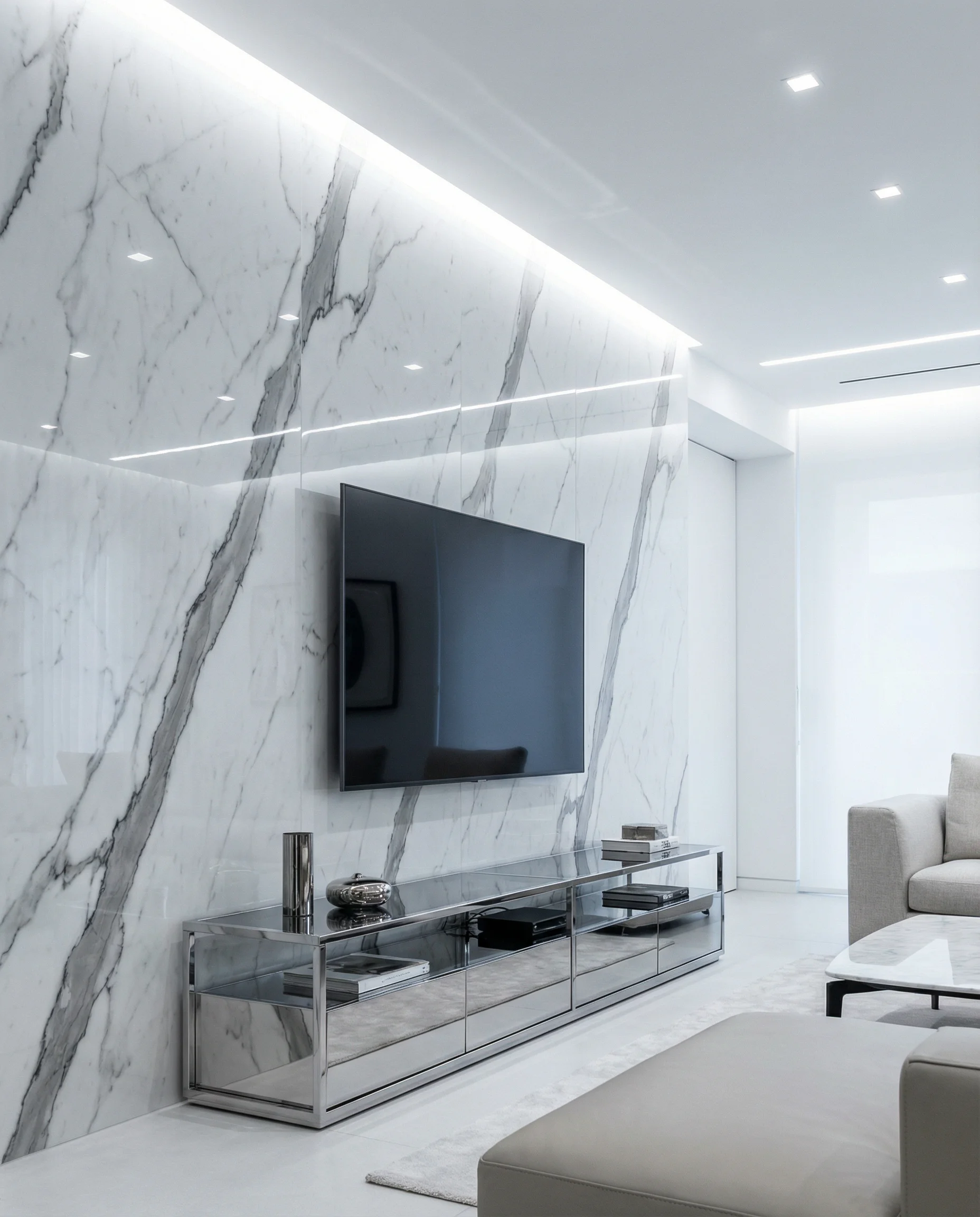Large format white porcelain tiles resembling marble installed as a seamless backdrop for a wall-mounted TV.
