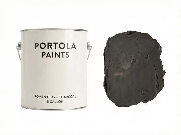 A branded bucket of Portola paints colors sits next to a dark, burnished charcoal roman clay swatch in a clean commercial studio product shot.