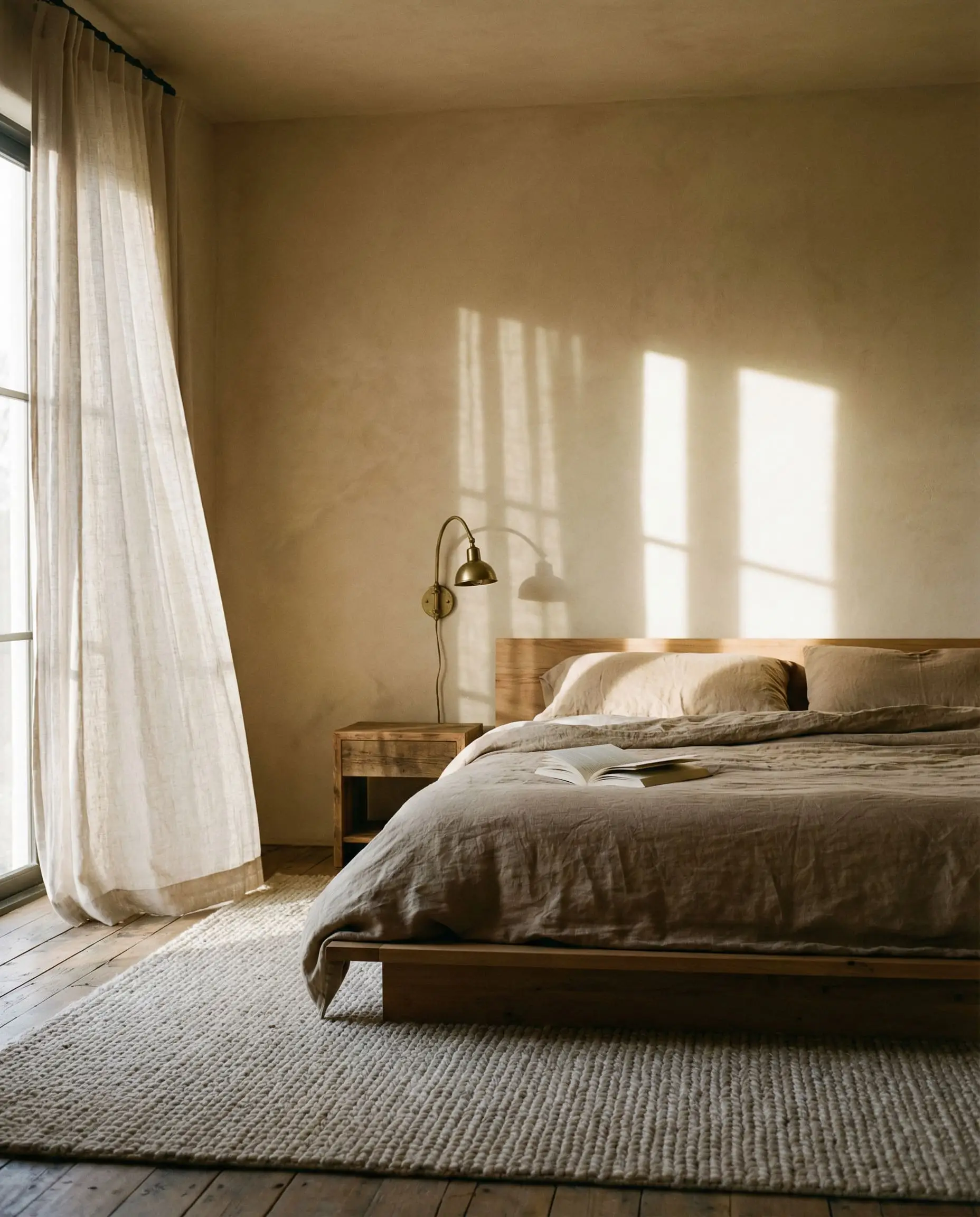 Sun-baked sand Portola paints colors create warm neutral textured walls in a serene primary bedroom with a low-profile platform bed and linen bedding.