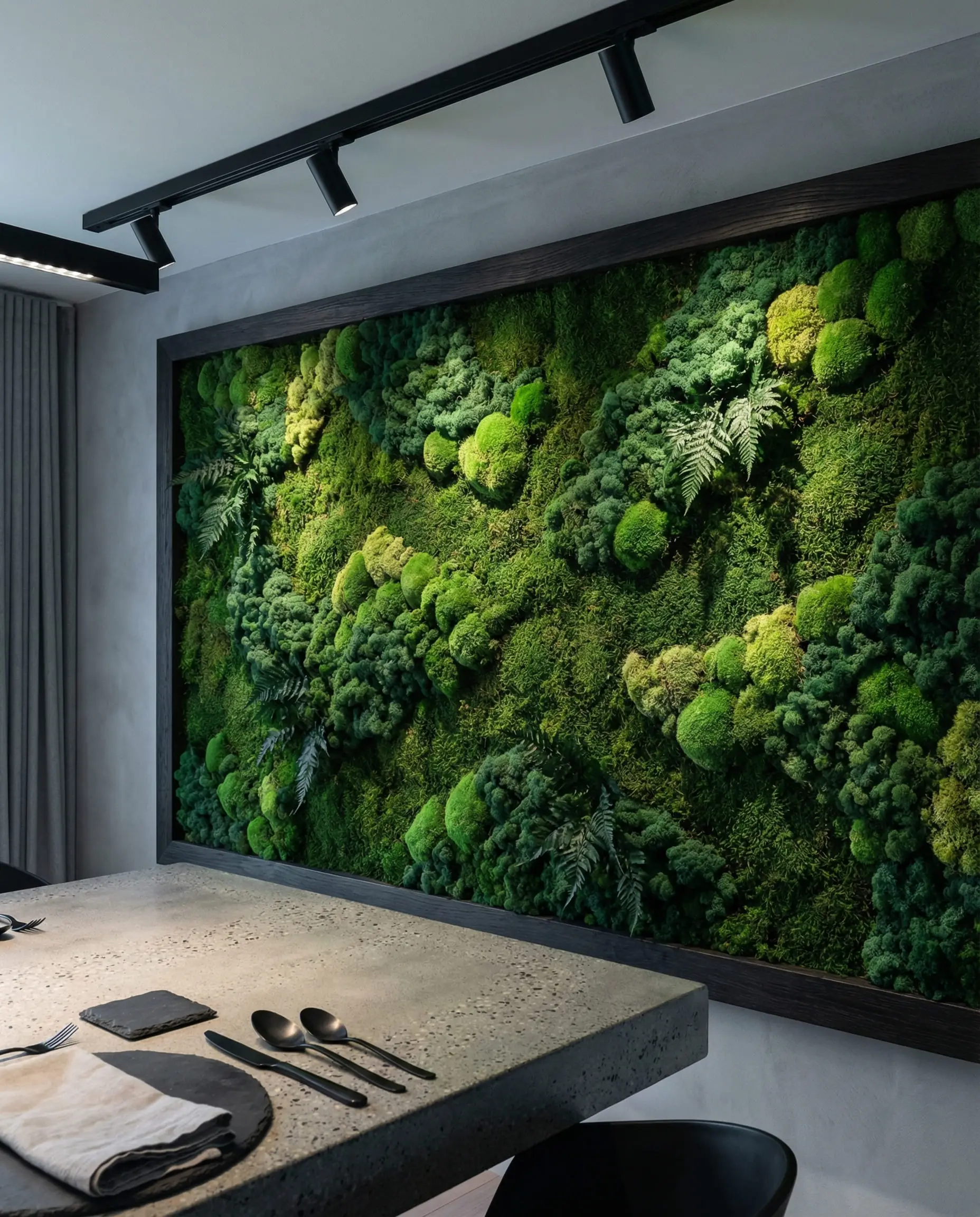 Modern dining room featuring a framed preserved moss living wall accent with forest green and chartreuse ferns and moss textures.