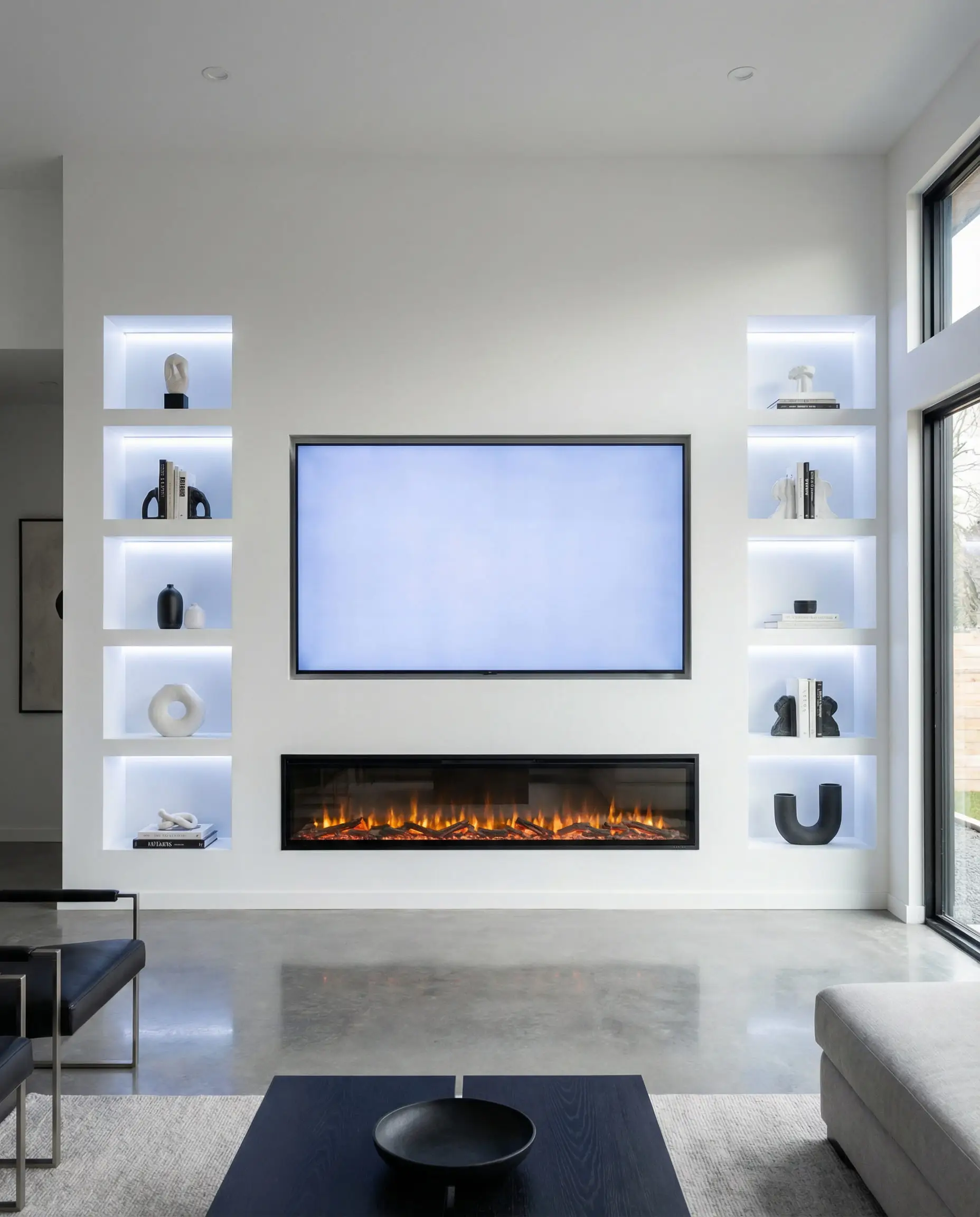 A sleek modern media wall with a 75-inch TV recessed flush into a niche above a linear electric fireplace.