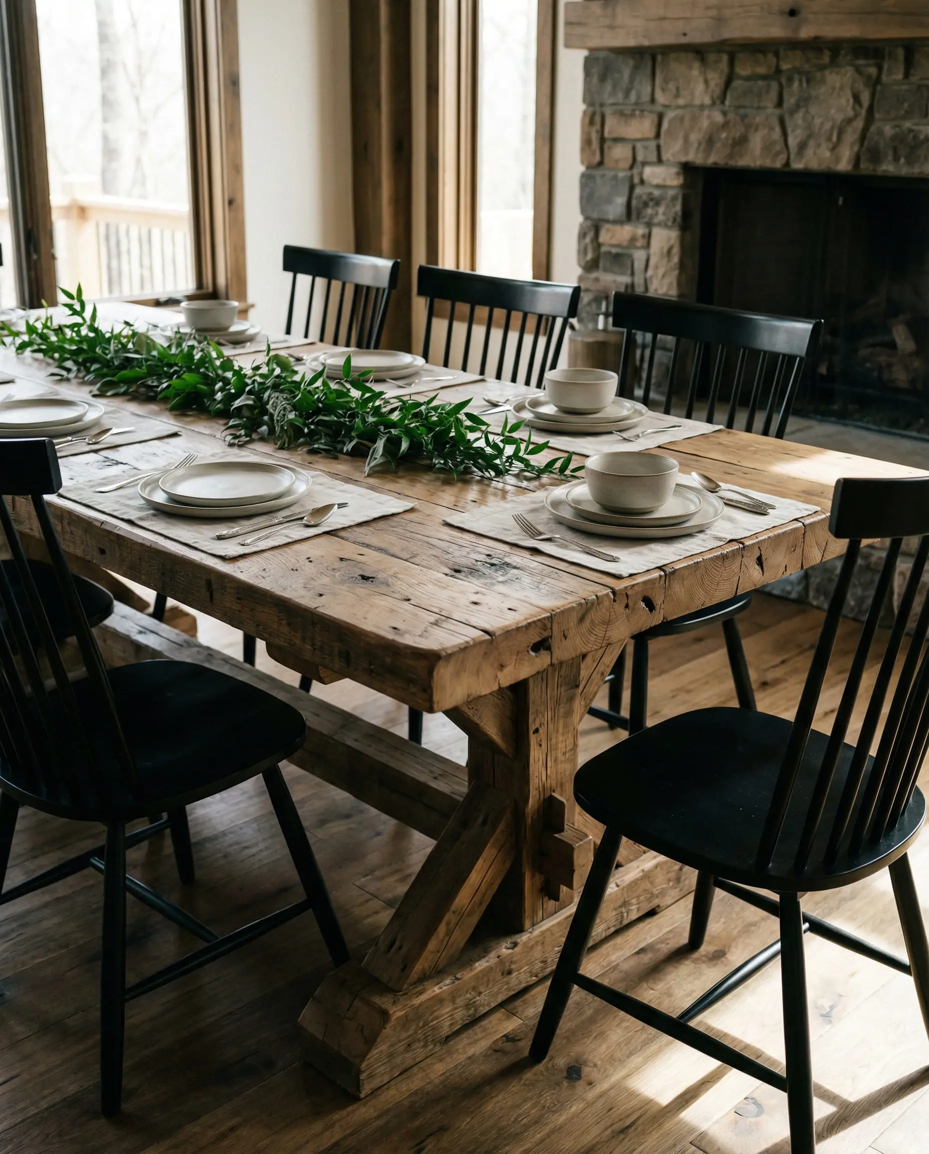 Massive solid wood trestle dining table set with linen placemats and black windsor chairs.