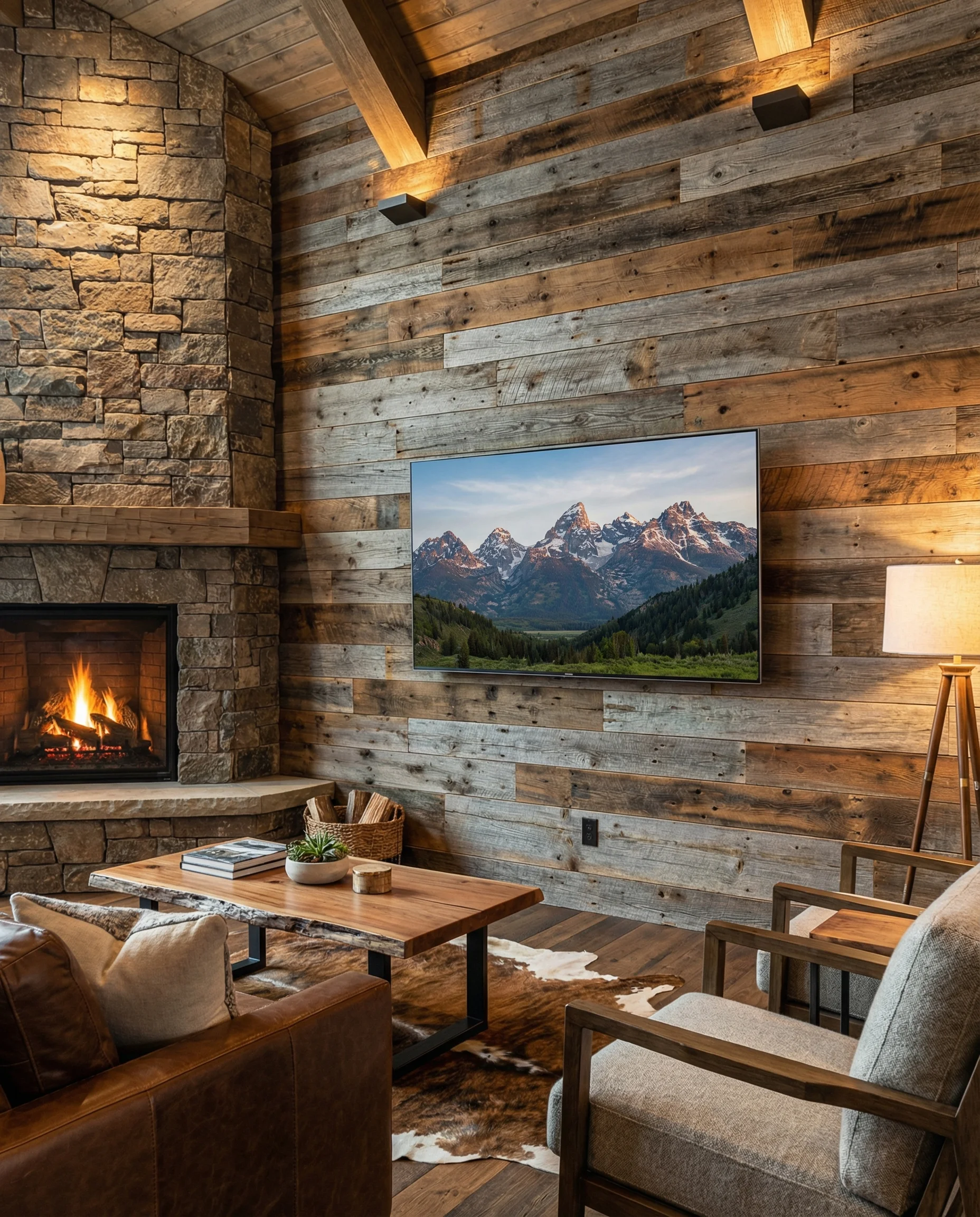 Rustic modern living room with a horizontal reclaimed barn wood accent wall contrasting with a modern TV.