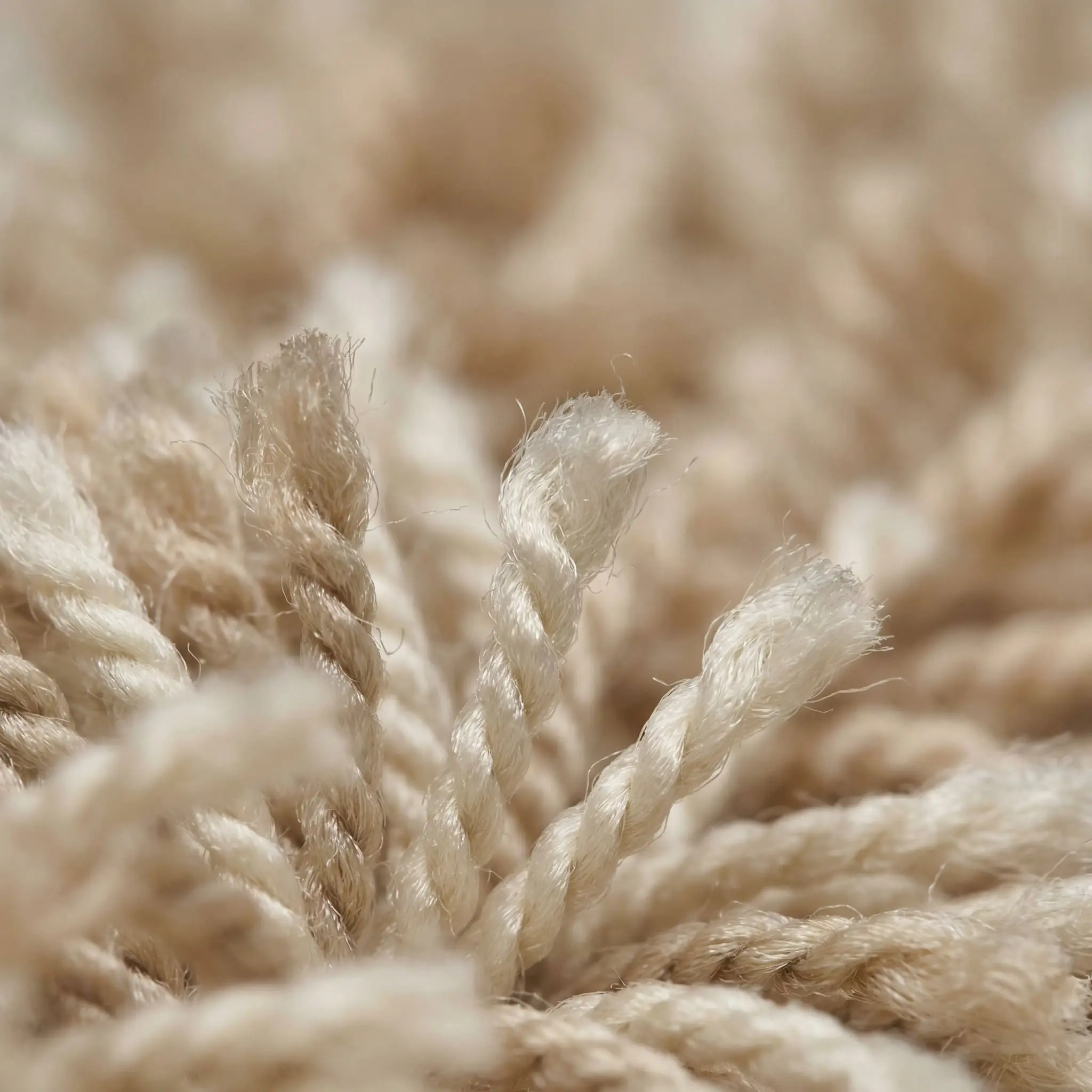 Detailed view of long, lofty, hydrophobic PET shag fibers that maintain their shape without matting.