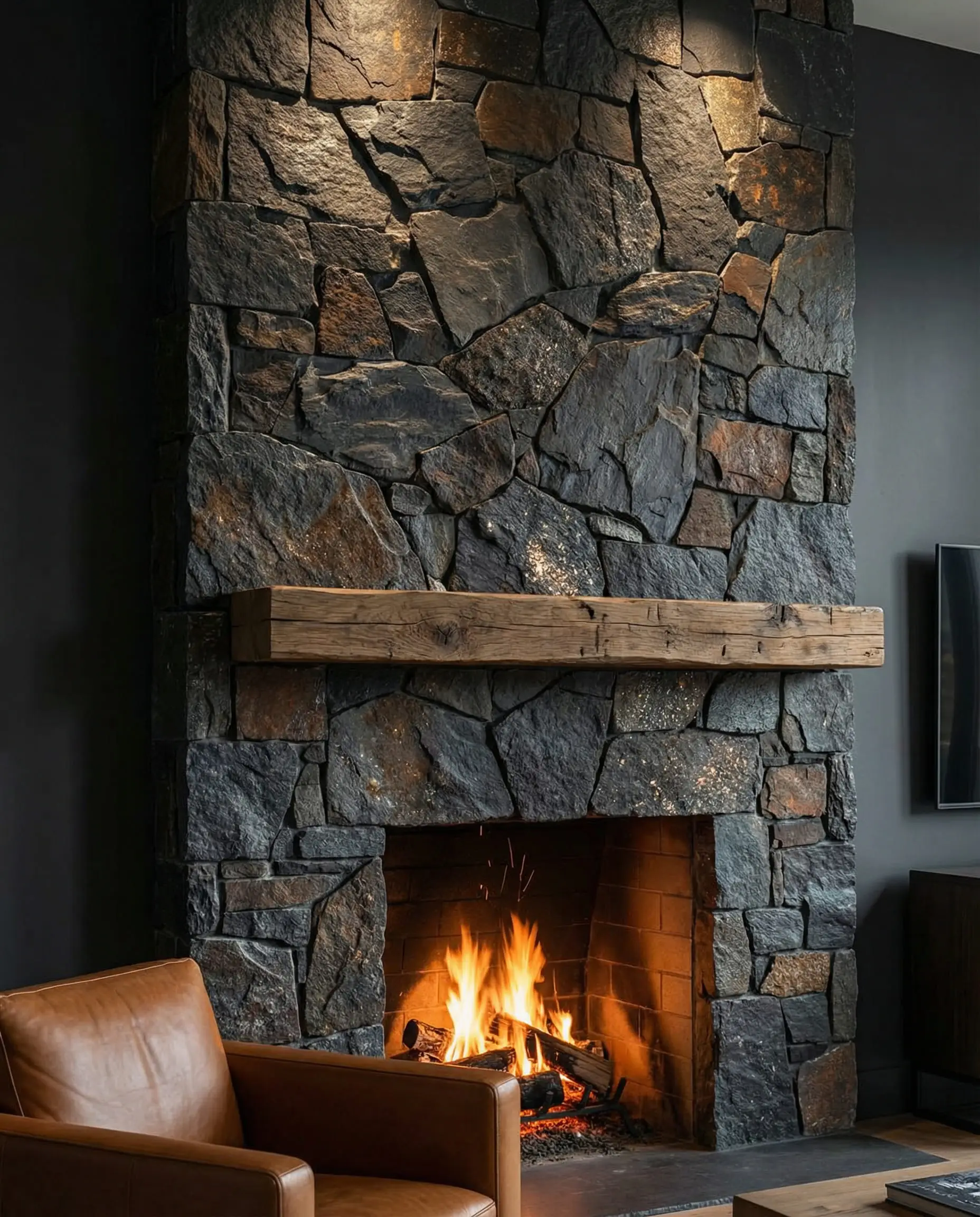 A moody fireplace wall clad in charcoal Riven slate stone with a rough natural texture and a reclaimed wood mantel.
