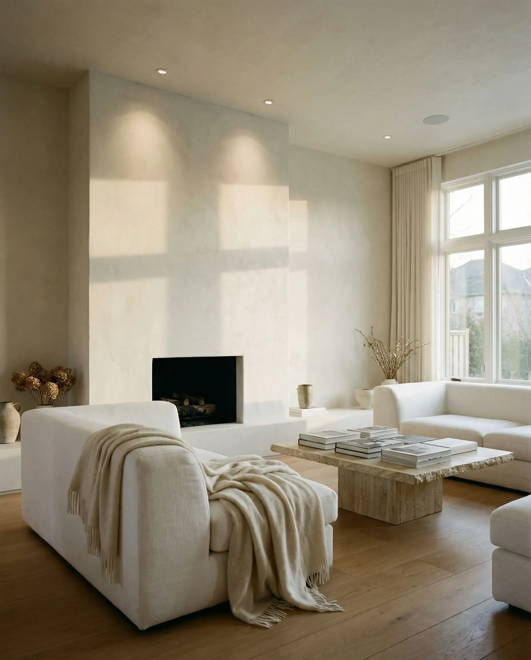 Soft white roman clay colors create a suede-like burnished plaster fireplace surround in a minimalist luxury living room with a linen sectional.