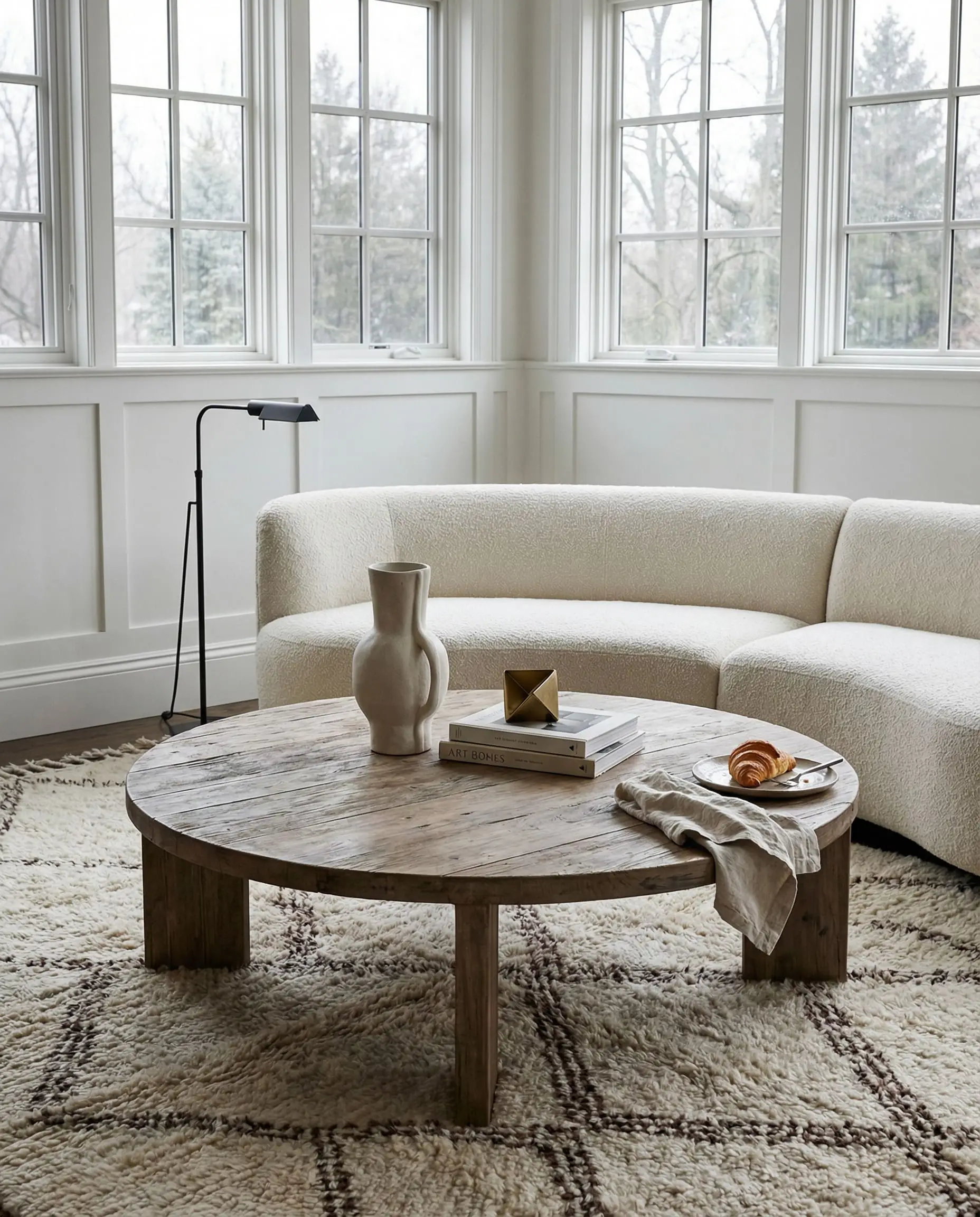 Round wood coffee table styling with a tall sculptural vase, stacked books, and a brass geometric object near an ivory sofa.