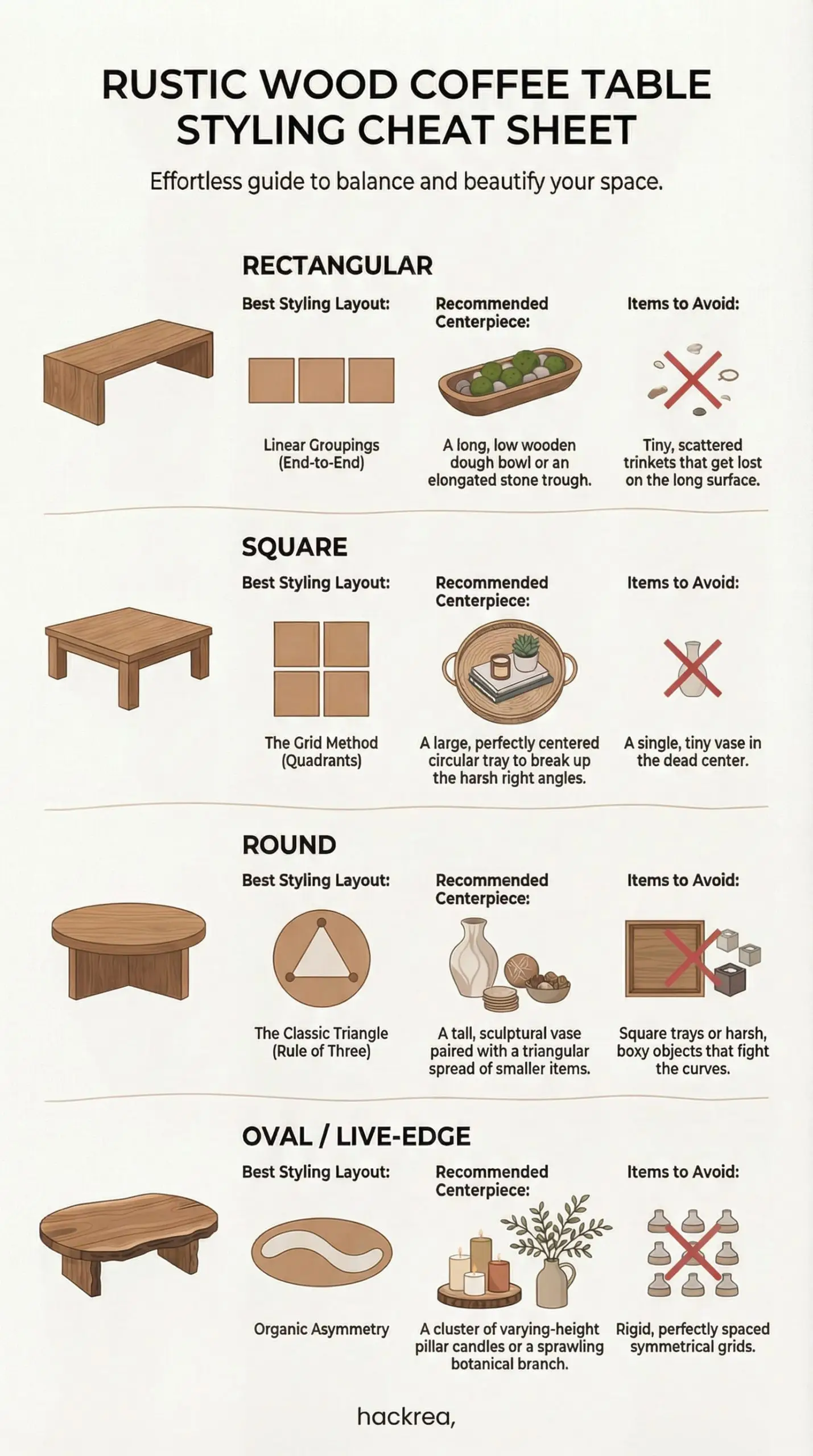 Infographic chart explaining round wood coffee table styling, rectangular layouts, and recommended centerpieces for shapes.