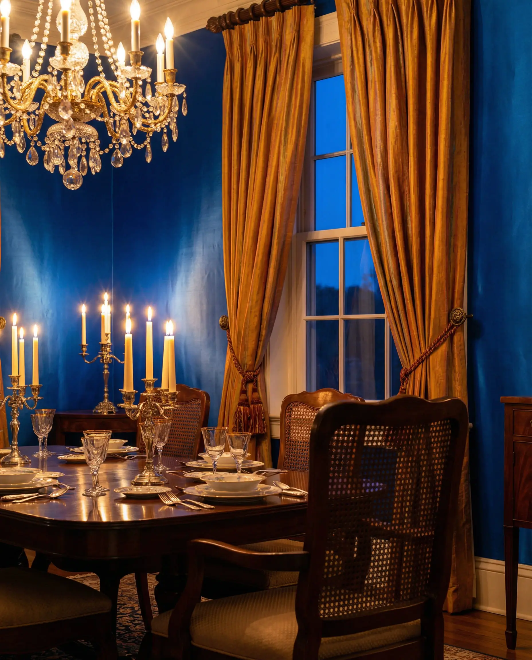 Formal dining room featuring royal blue walls and shimmering ochre silk drapes.