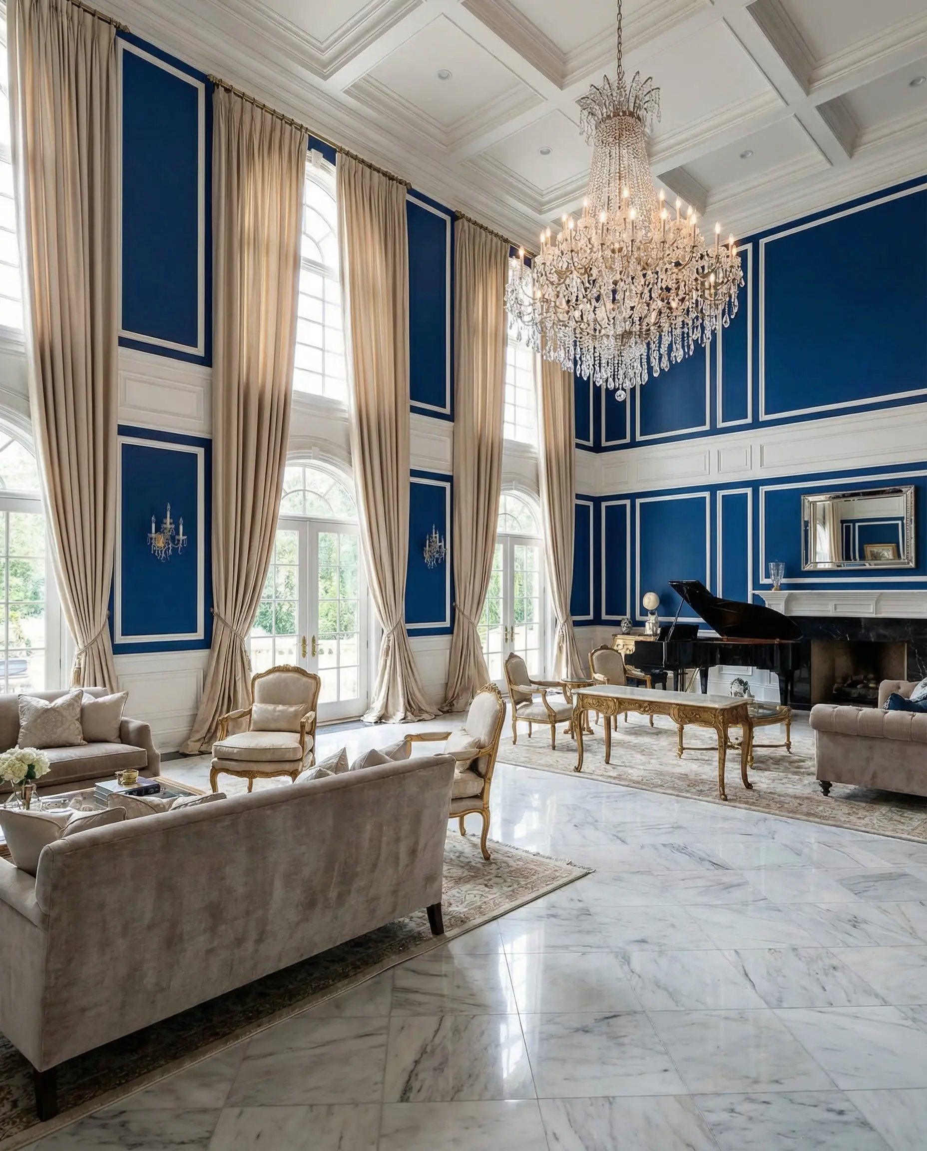 Grand formal living room with royal blue walls and floor-to-ceiling beige drapes.