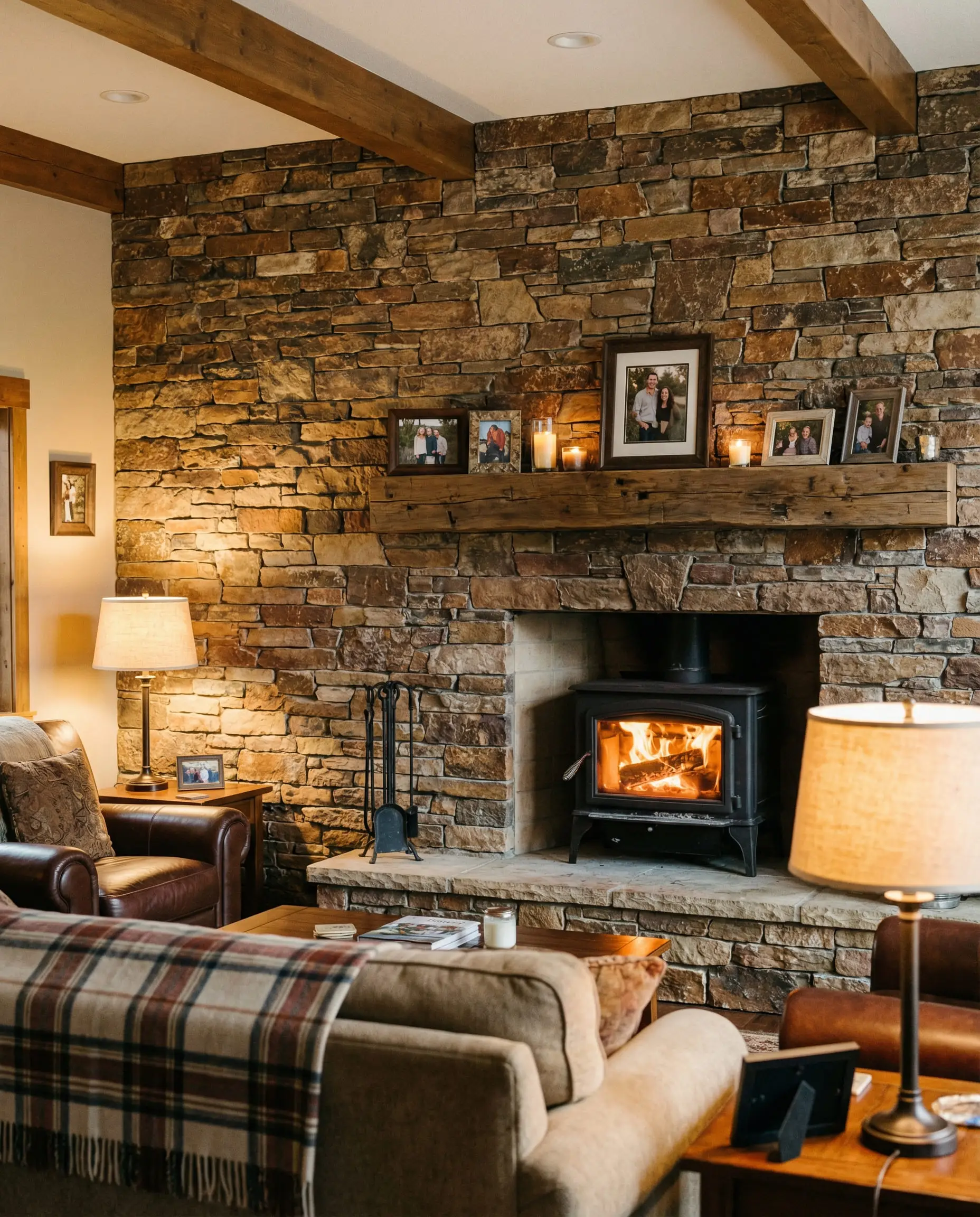 A cozy cottage living room featuring a multi-colored rustic ledger stone fireplace wall with a timber mantel.