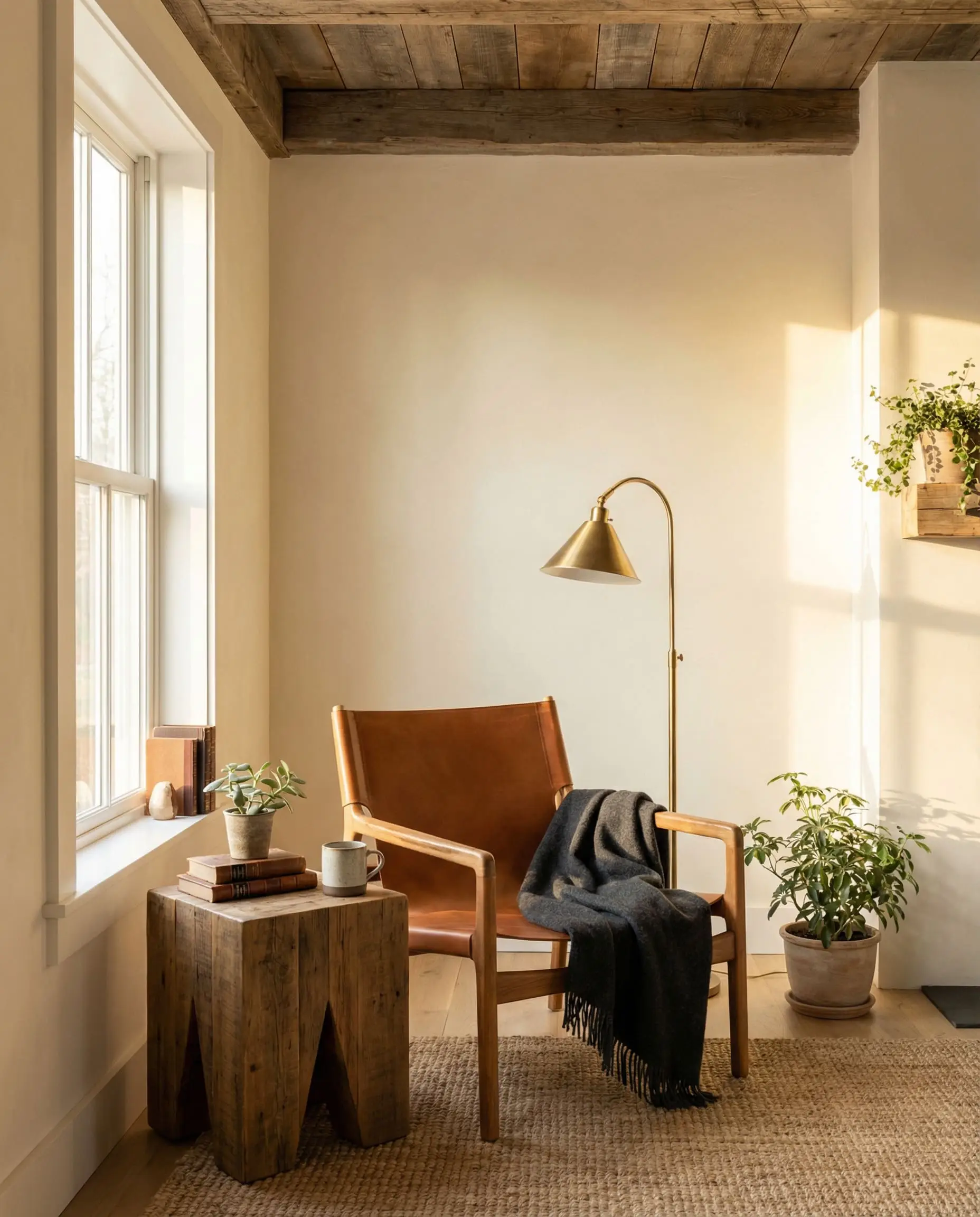A sleek mid-century cognac leather sling chair warms up traditional limewash walls in this rustic modern living room corner.