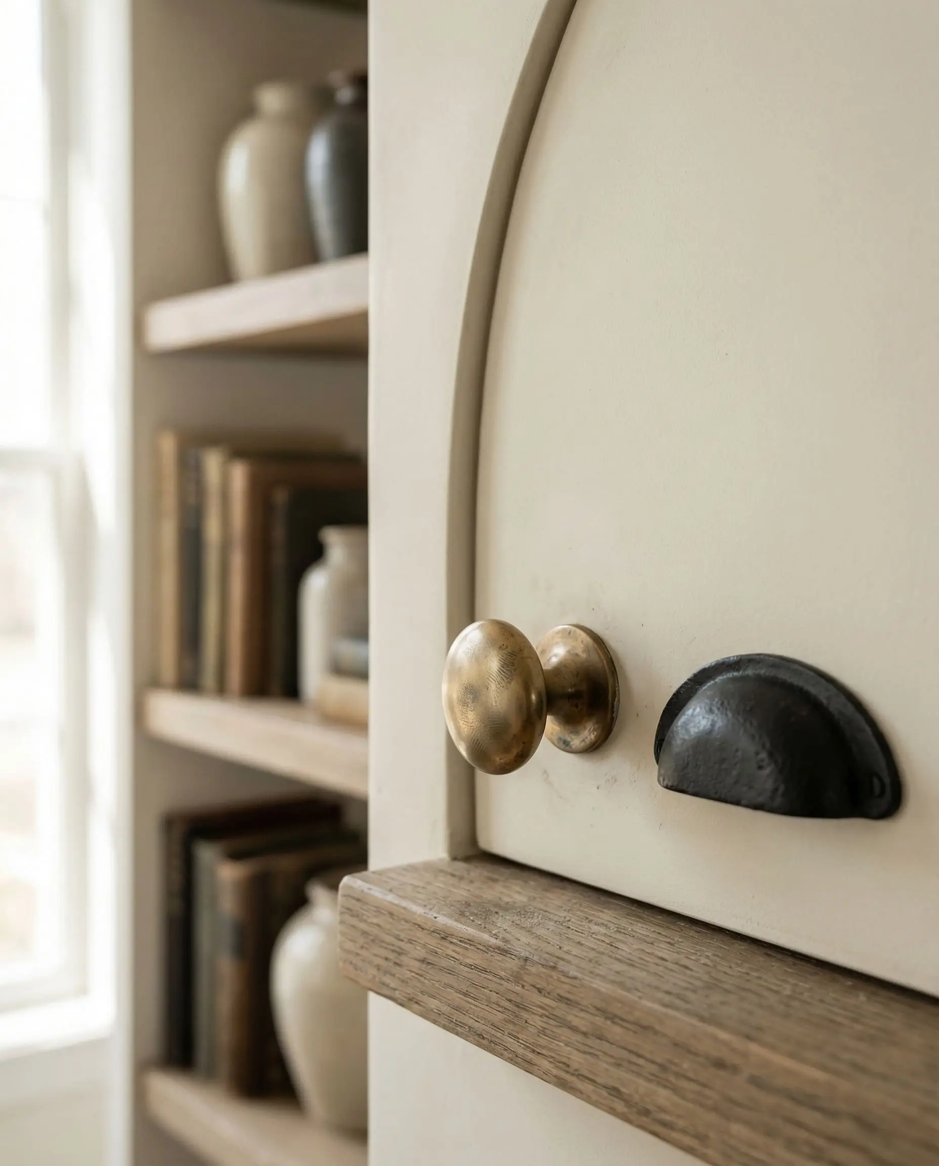 A rustic modern living room beautifully mixes metals, pairing an unlacquered brass knob with a matte black iron drawer pull.