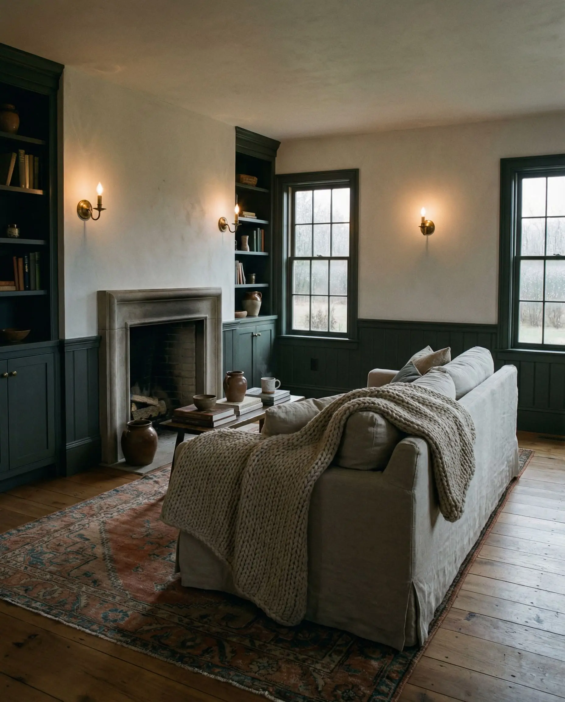 Deep pewter green moody accents on built-in cabinets contrast beautifully with a neutral slipcovered rustic modern living room.