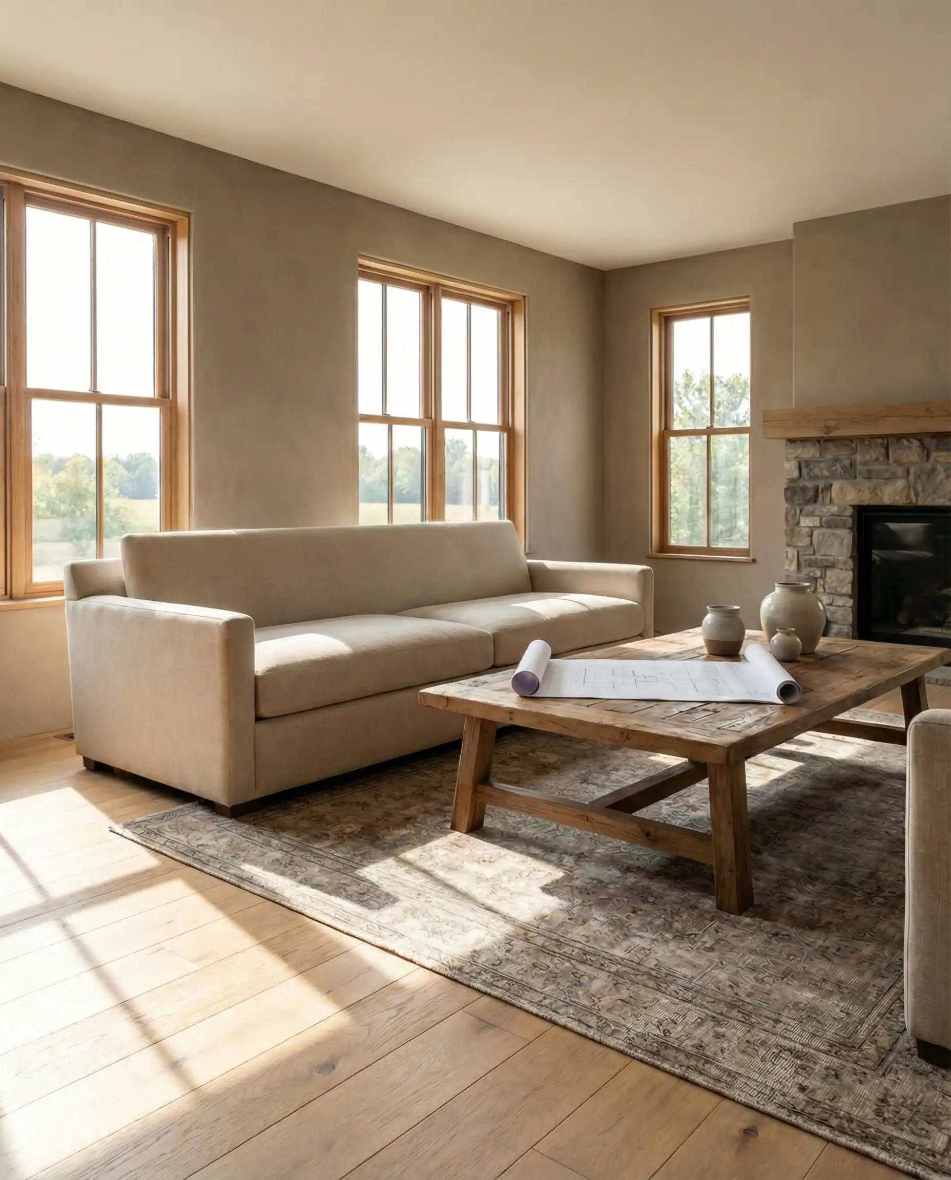 A heavy reclaimed oak coffee table injects historic warmth in front of a neutral sofa in this rustic modern living room.