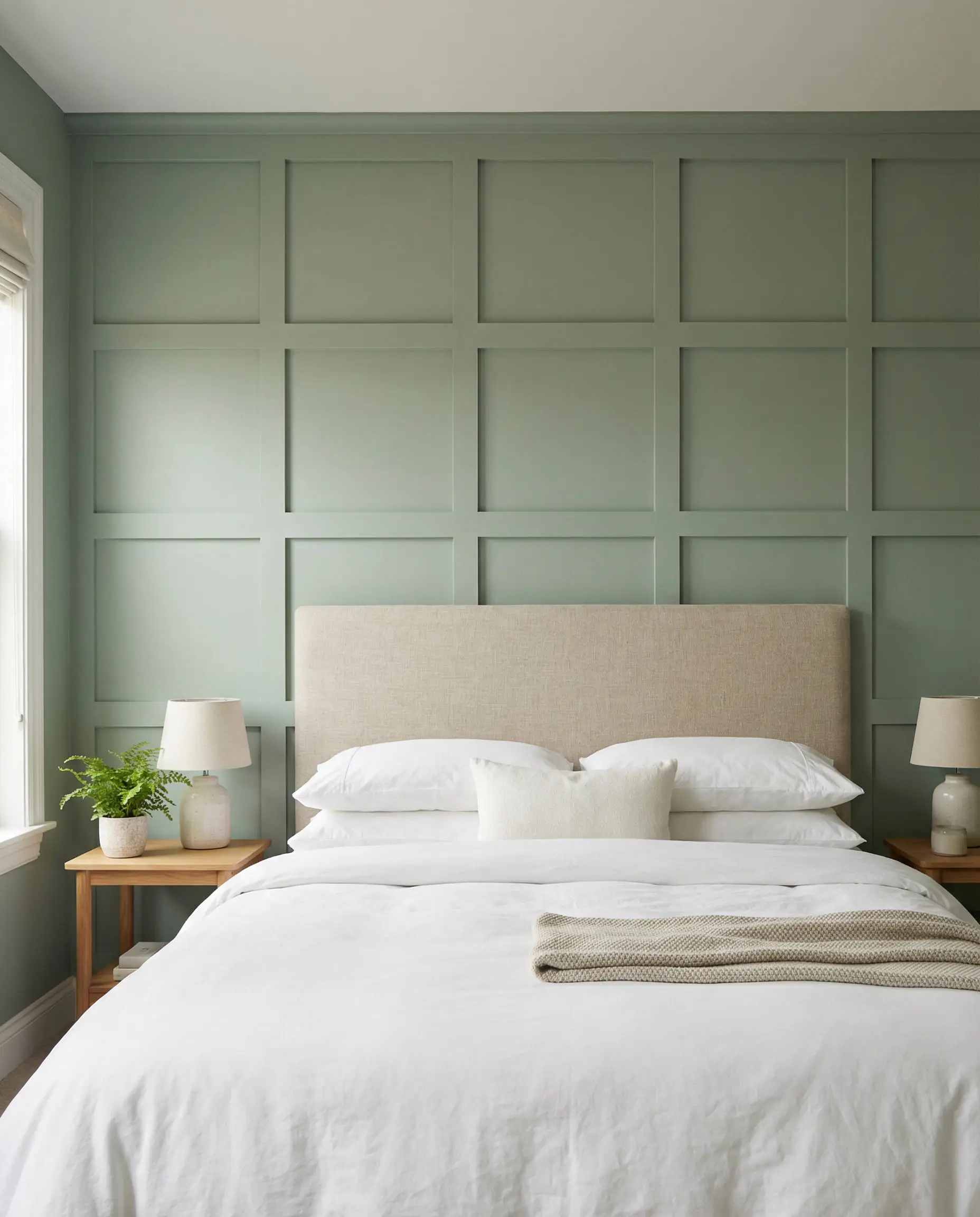 Bedroom accent wall featuring grid board and batten paneling painted sage green.