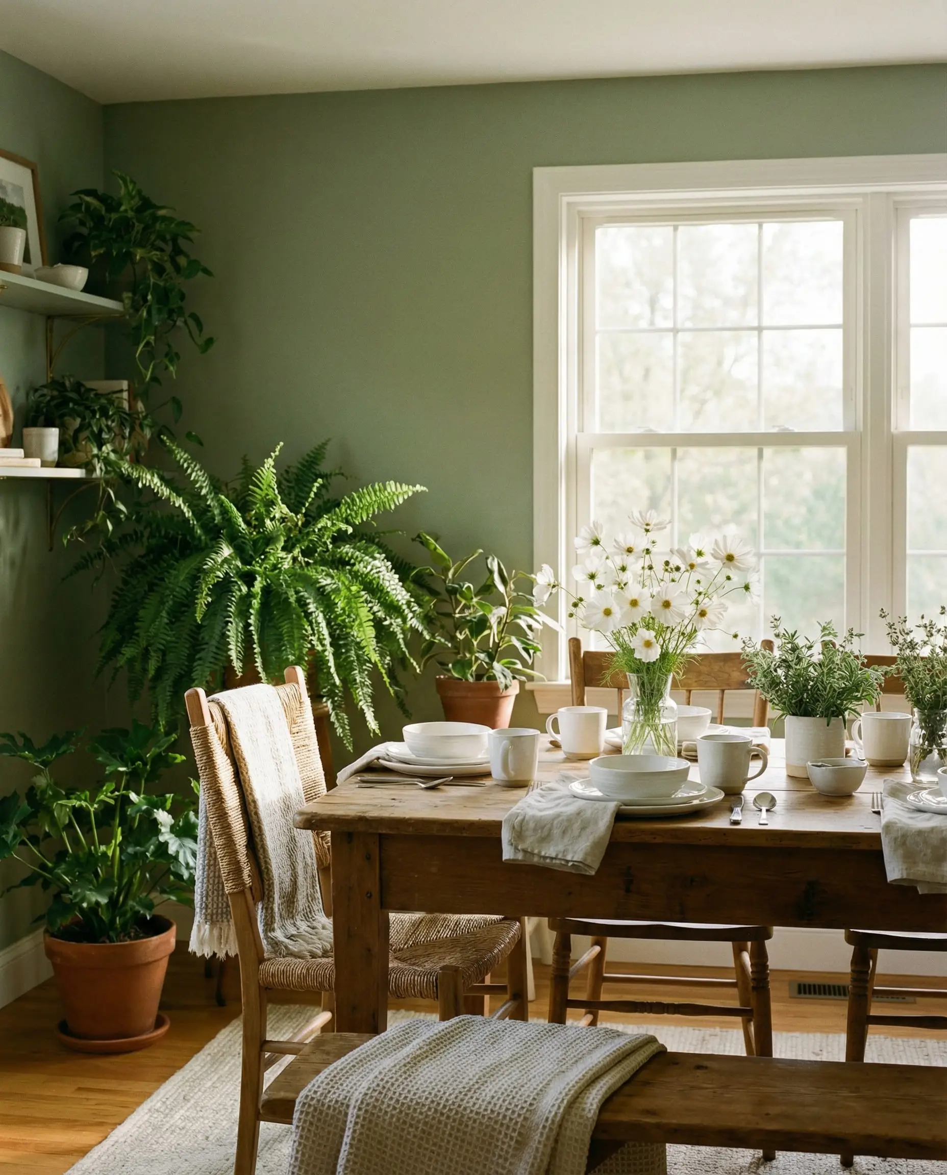 Fresh dining room painted in muted sage green with a rustic farm table and potted ferns.