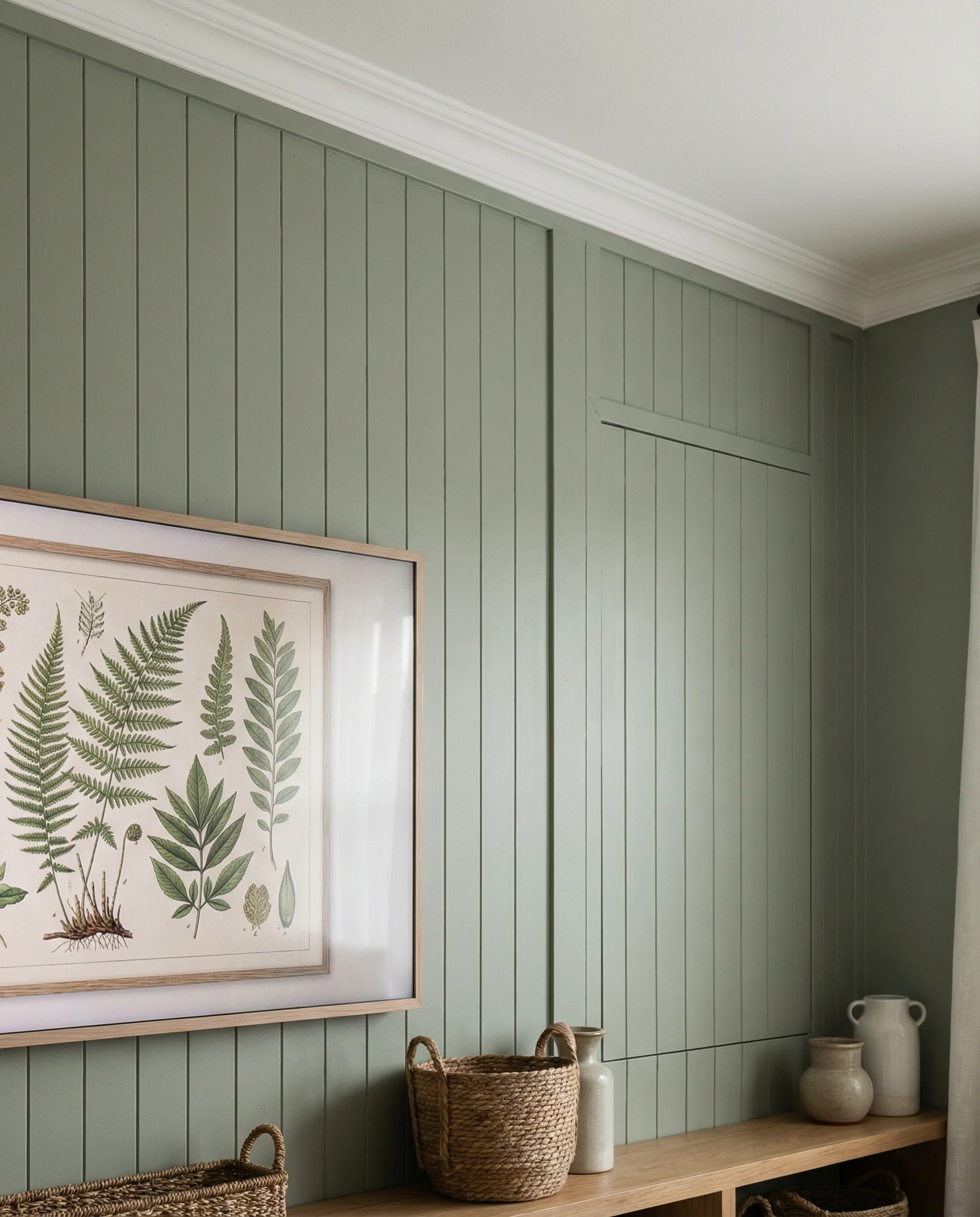 Vertical V-groove wood paneling painted in sage green behind a Samsung Frame TV.