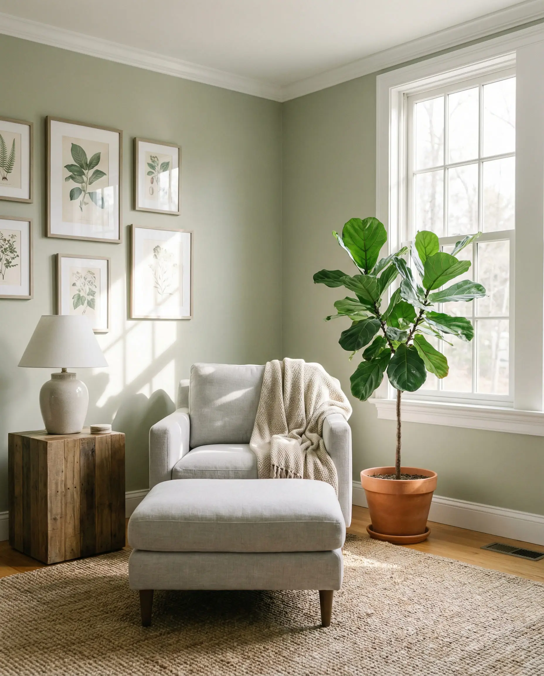 Bright and airy living room corner with Sage Green walls (Benjamin Moore October Mist) and a light dove-grey linen armchair with plants.