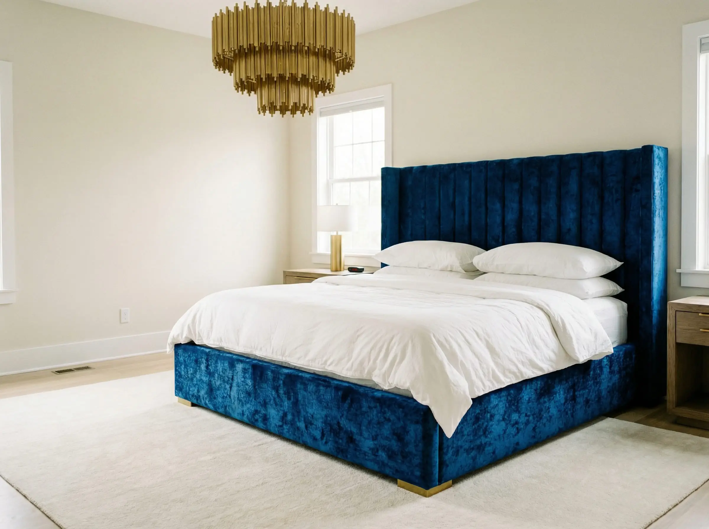 A bold sapphire blue velvet bed frame with a fluted headboard standing out against simple cream bedroom walls.