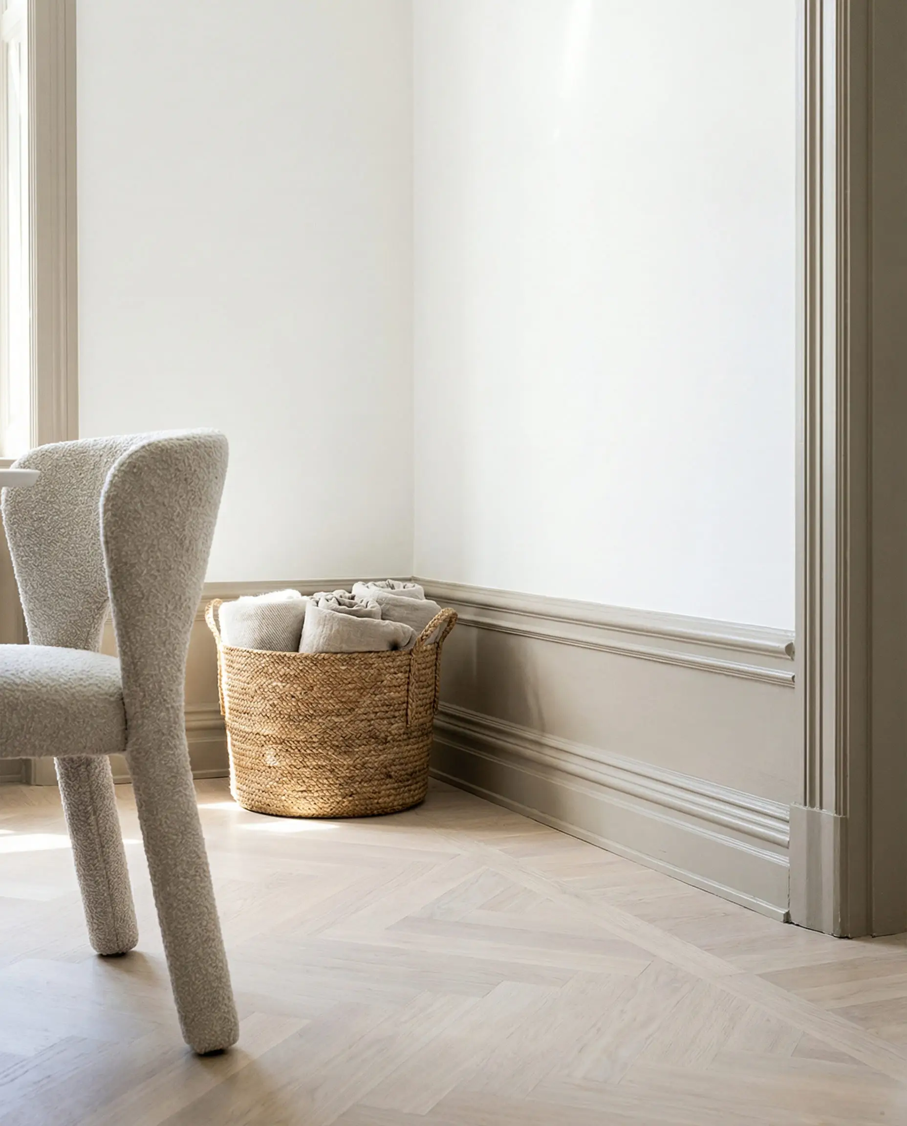 Tall baseboards painted in Sherwin-Williams Accessible Beige (mushroom color) against white walls and oak flooring.
