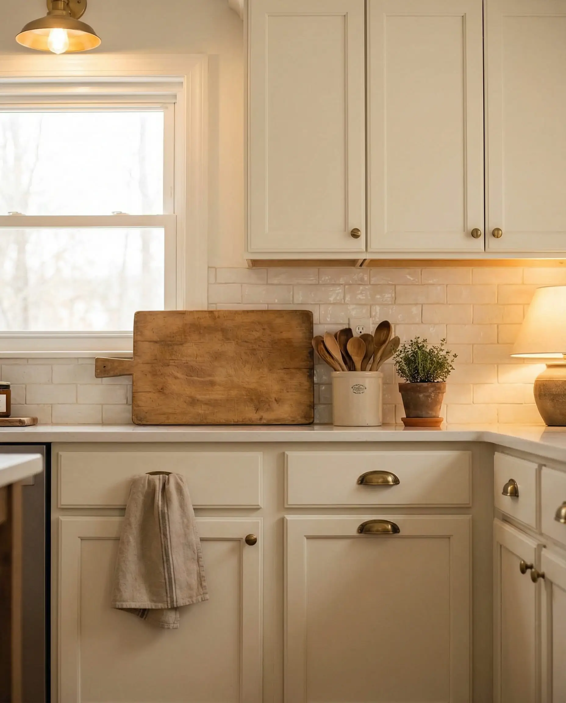 Cozy kitchen corner with Sherwin Williams Alabaster white cabinets and antique brass hardware.