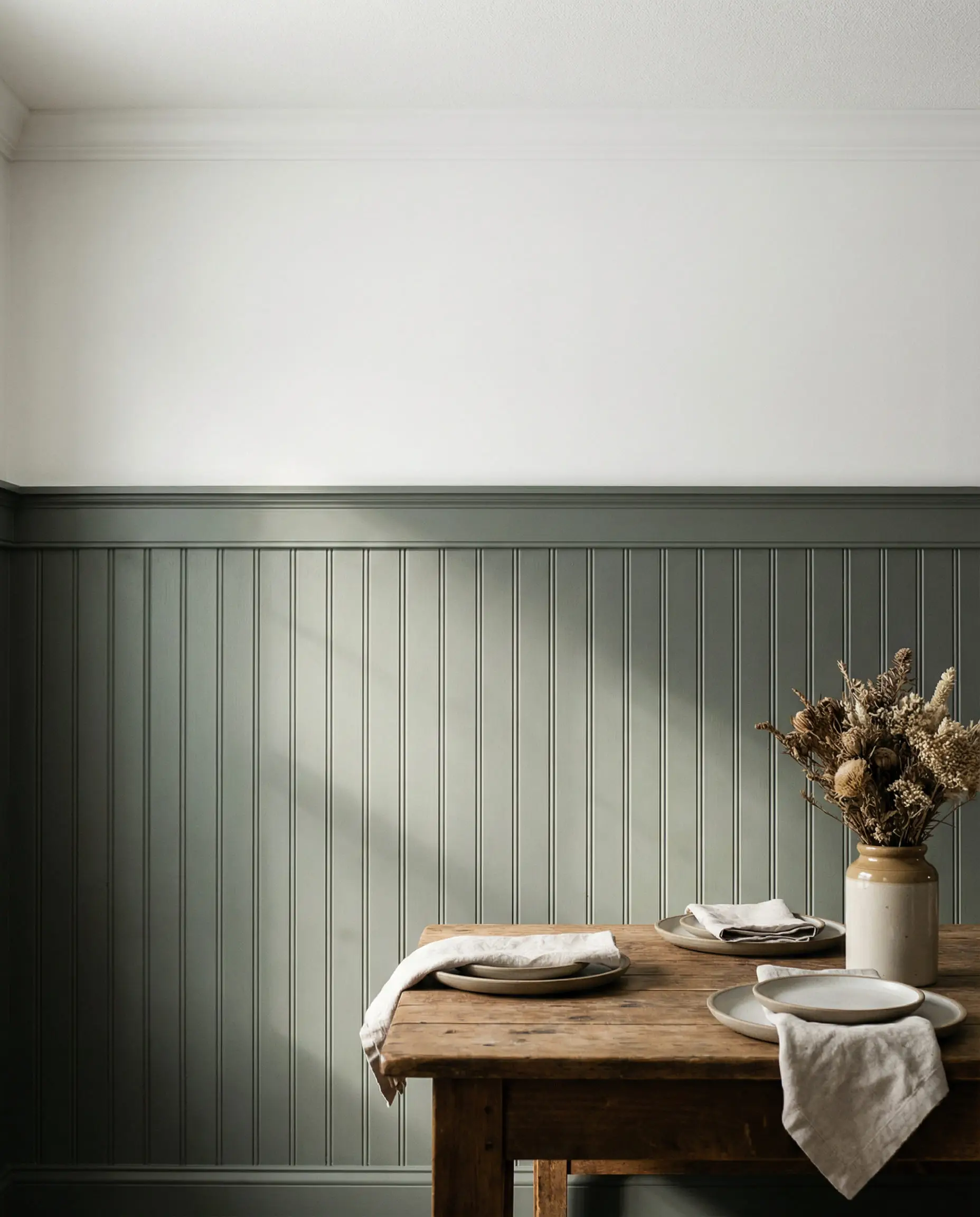 Dining room beadboard wainscoting painted in Sherwin-Williams Evergreen Fog paired with white upper walls.