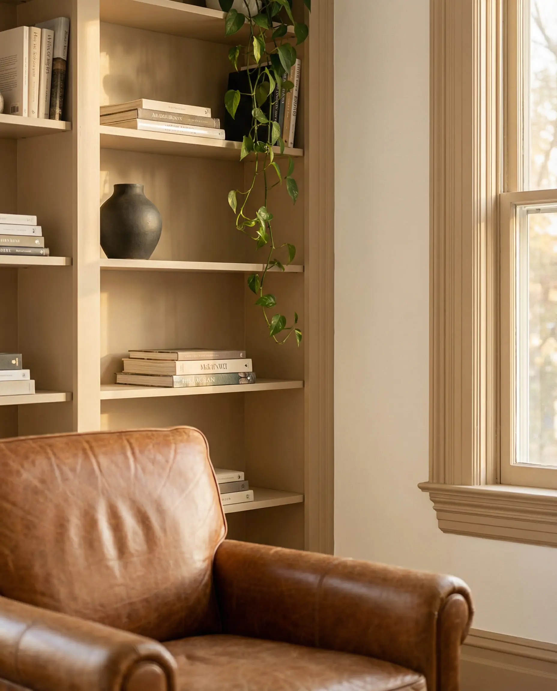 Cozy living room corner with built-in bookshelves painted in Sherwin-Williams Natural Linen against Swiss Coffee white walls.
