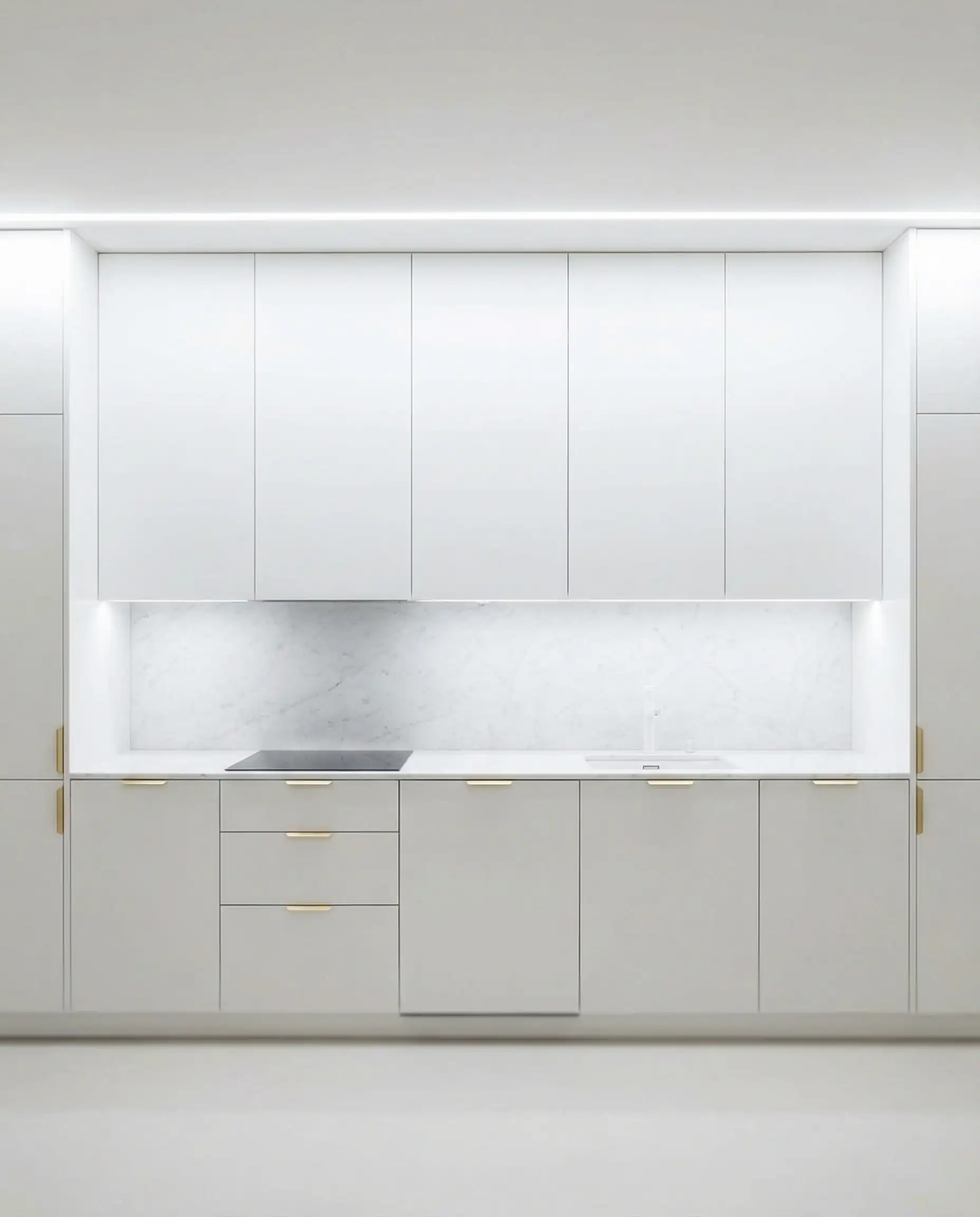 Minimalist kitchen elevation with Sherwin Williams Pure White flat cabinets and gold finger pulls.