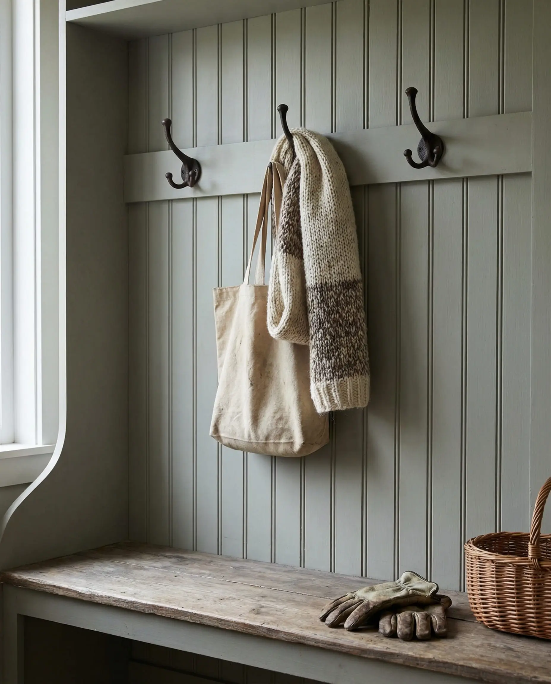 Detail of vertical v-groove shiplap backing on a mudroom bench with cast iron hooks.