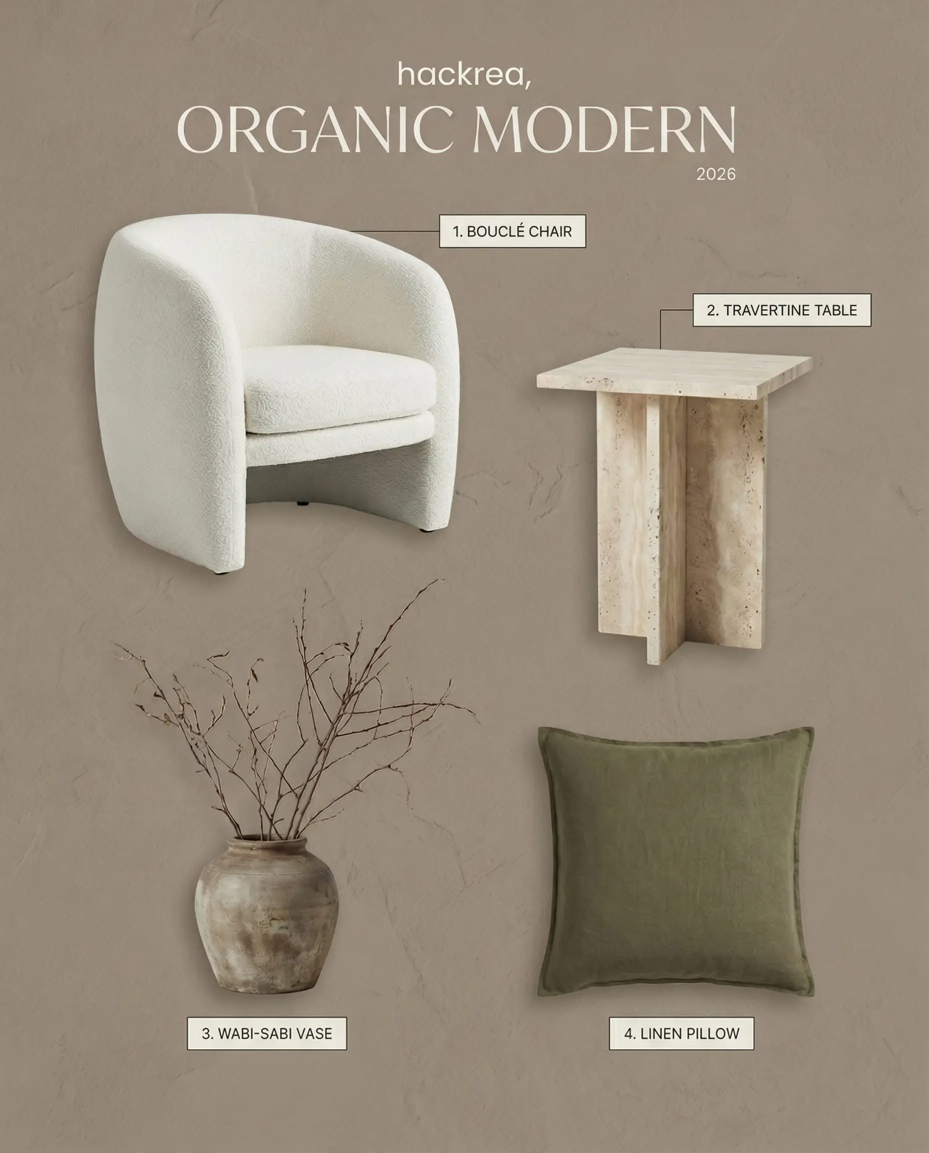 A shoppable moodboard for organic modern decor displays a curved white bouclé chair, raw travertine side table, wabi-sabi ceramic vase, and muddy green linen pillow.