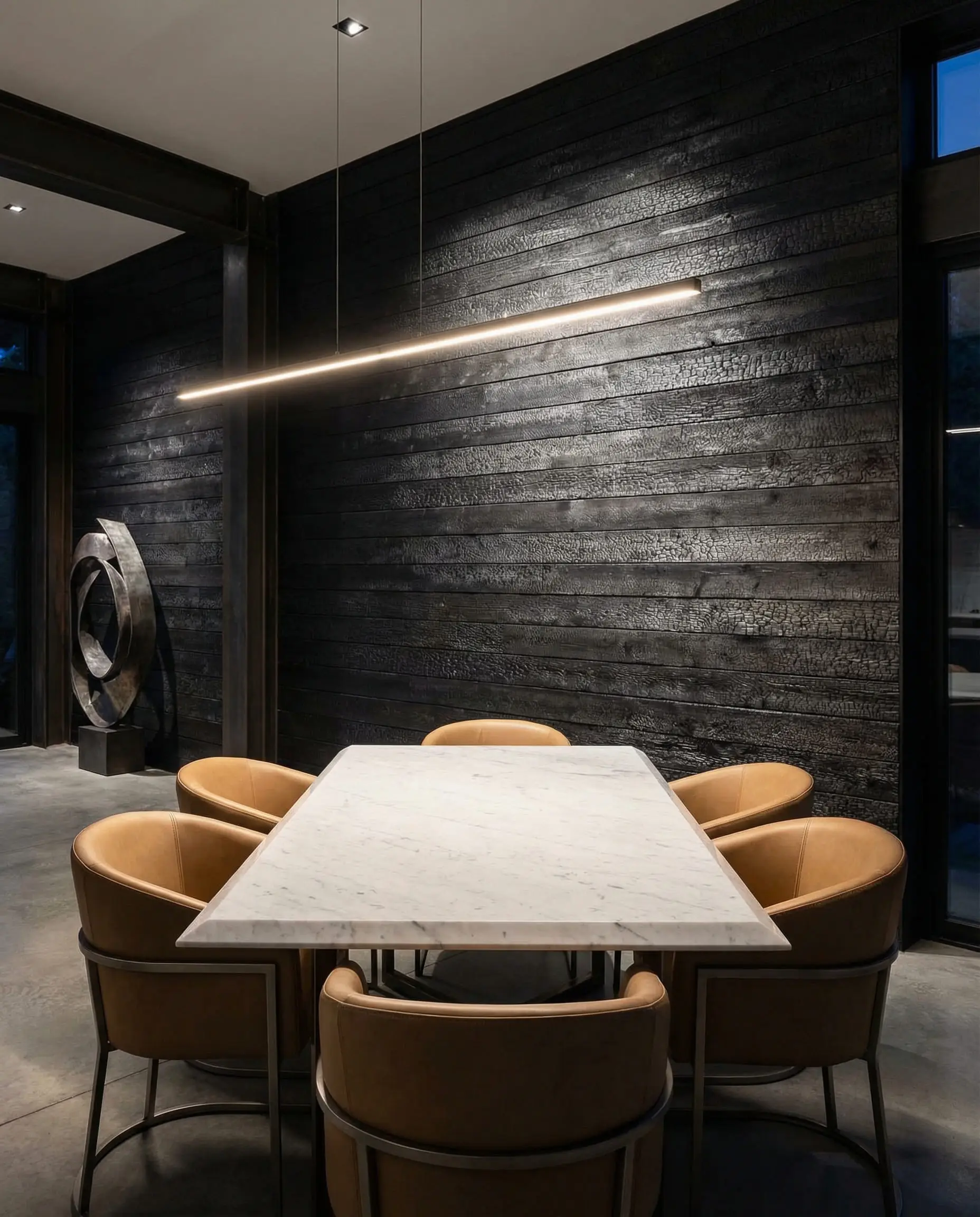 Dramatic dining room featuring a black Shou Sugi Ban charred wood accent wall contrasting with a white marble table.