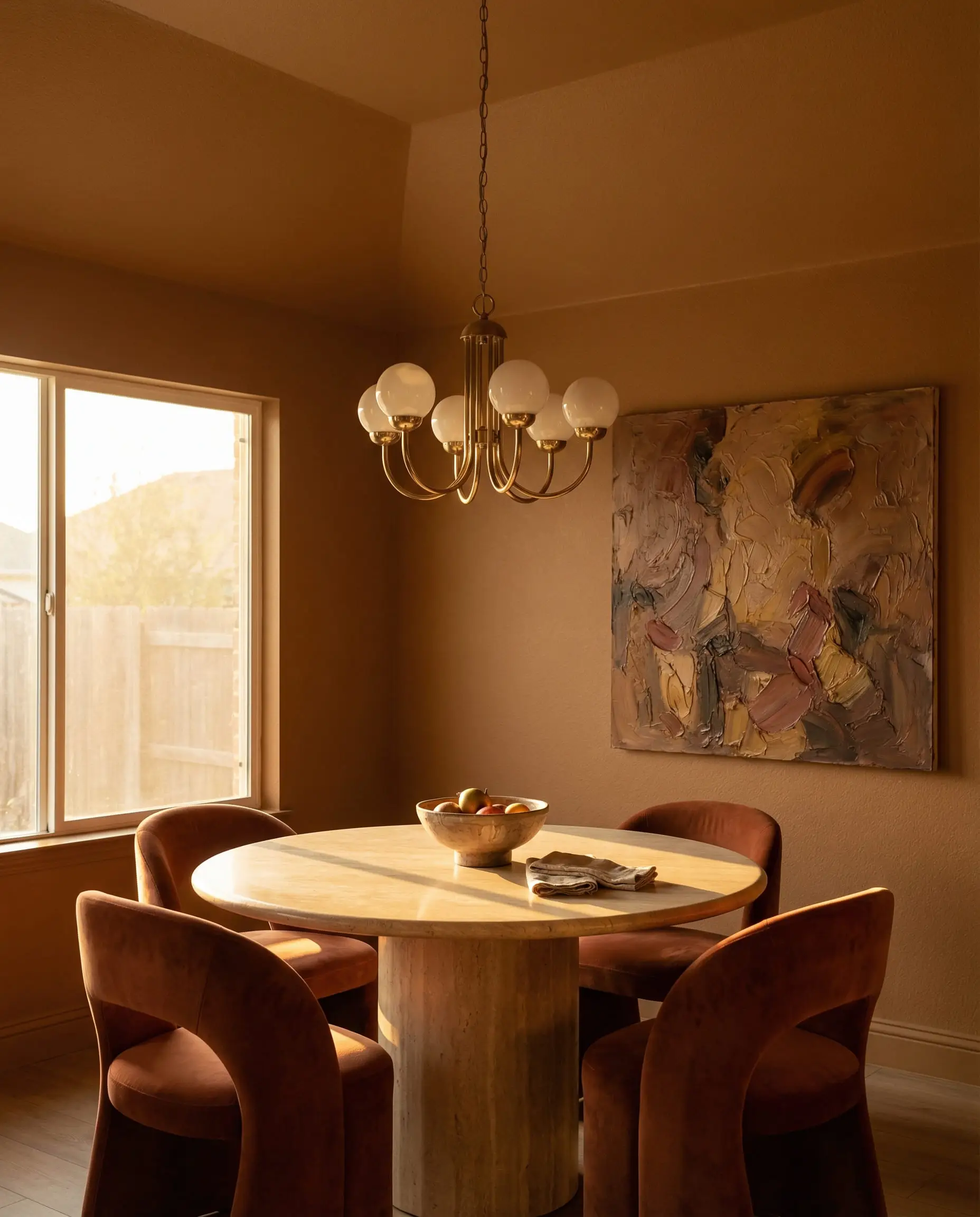 Monochromatic dining room color-drenched in deep sienna paint, featuring a travertine table and rust velvet chairs glowing in sunlight.